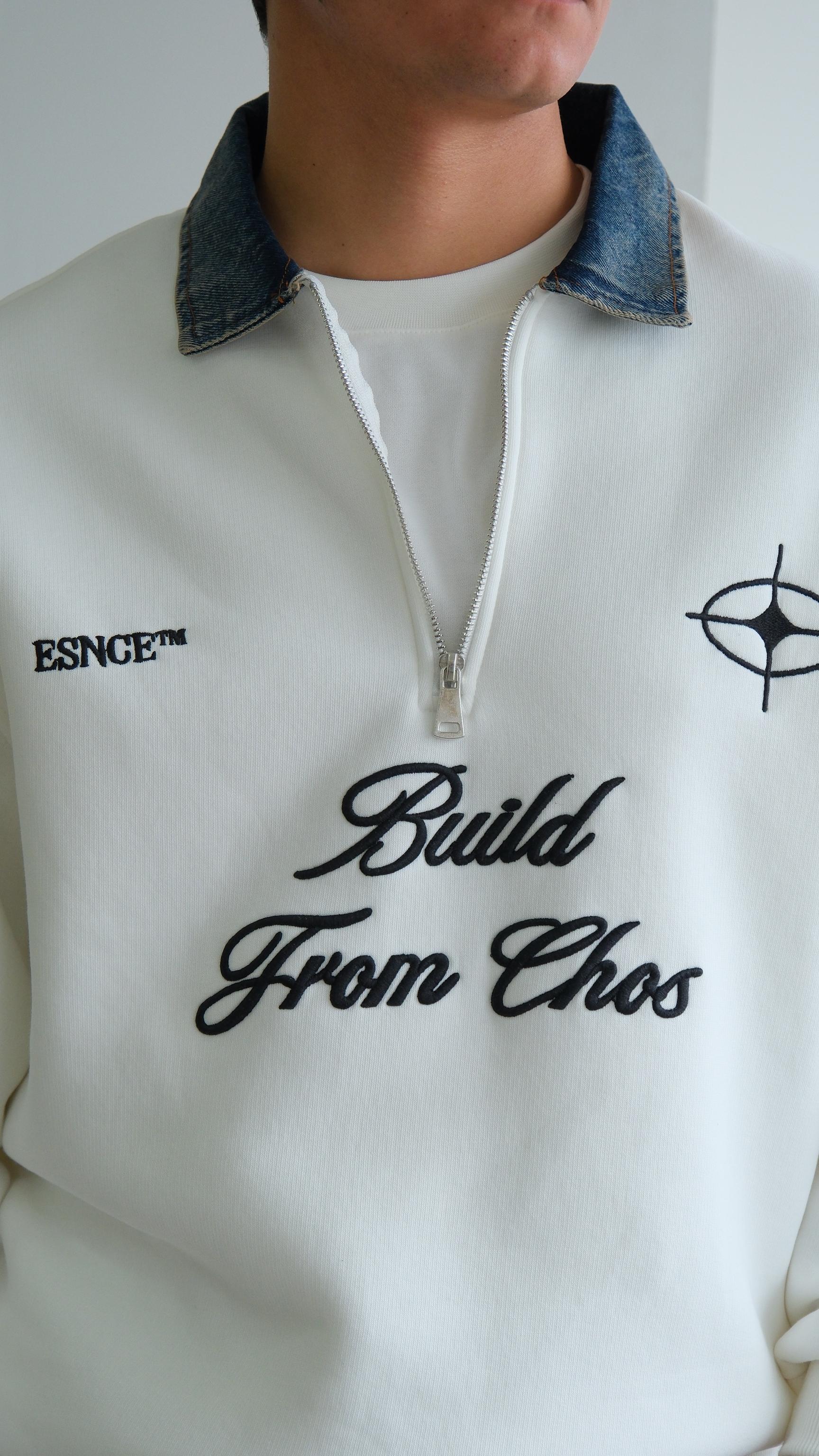 Fermuarlı Kot Polo Yaka Beyaz Sweat