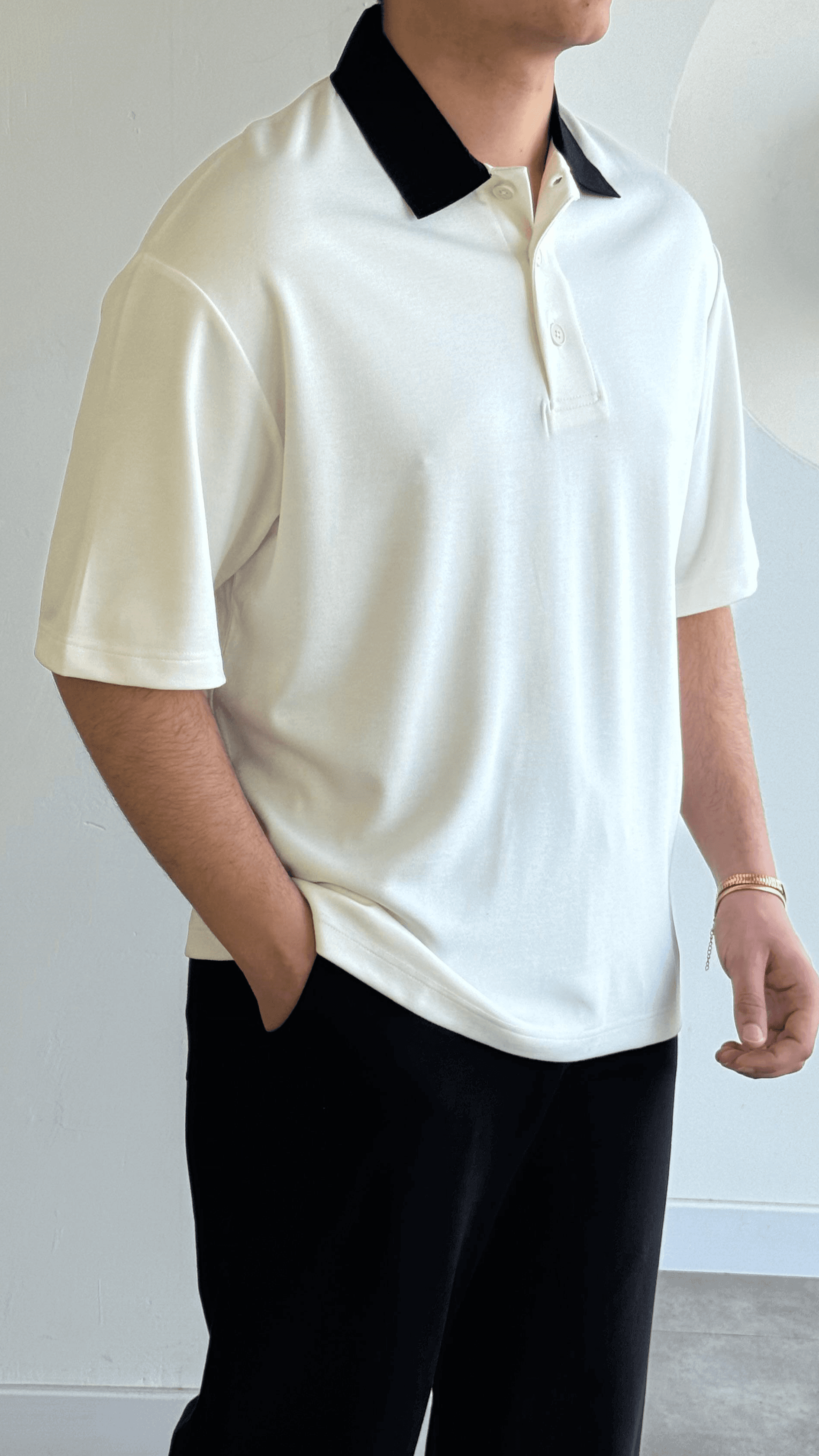 Siyah Polo Yaka Ekru Triko Tshirt