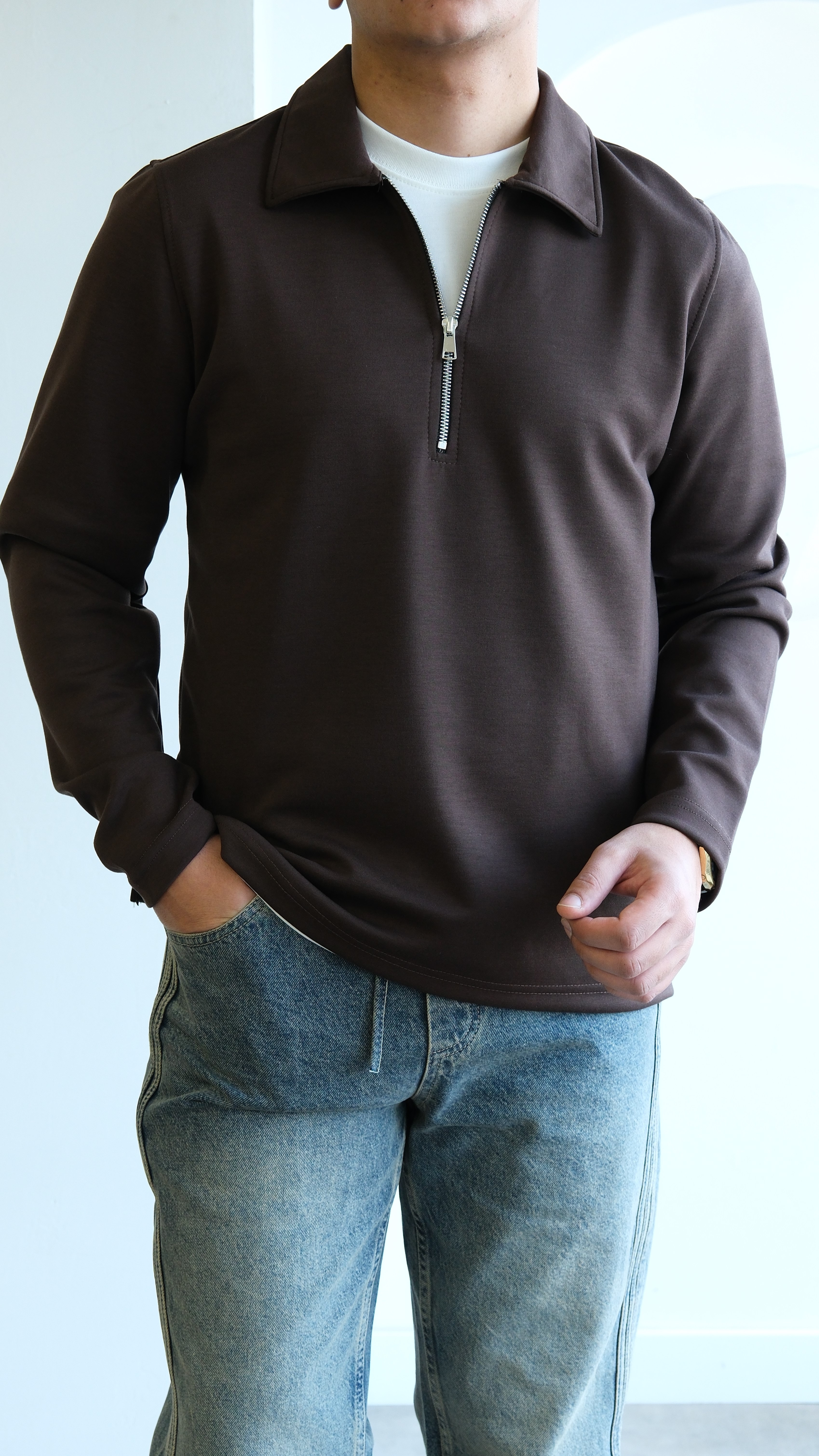 Kahve Fermuarlı Apaş Yaka Scuba Sweat