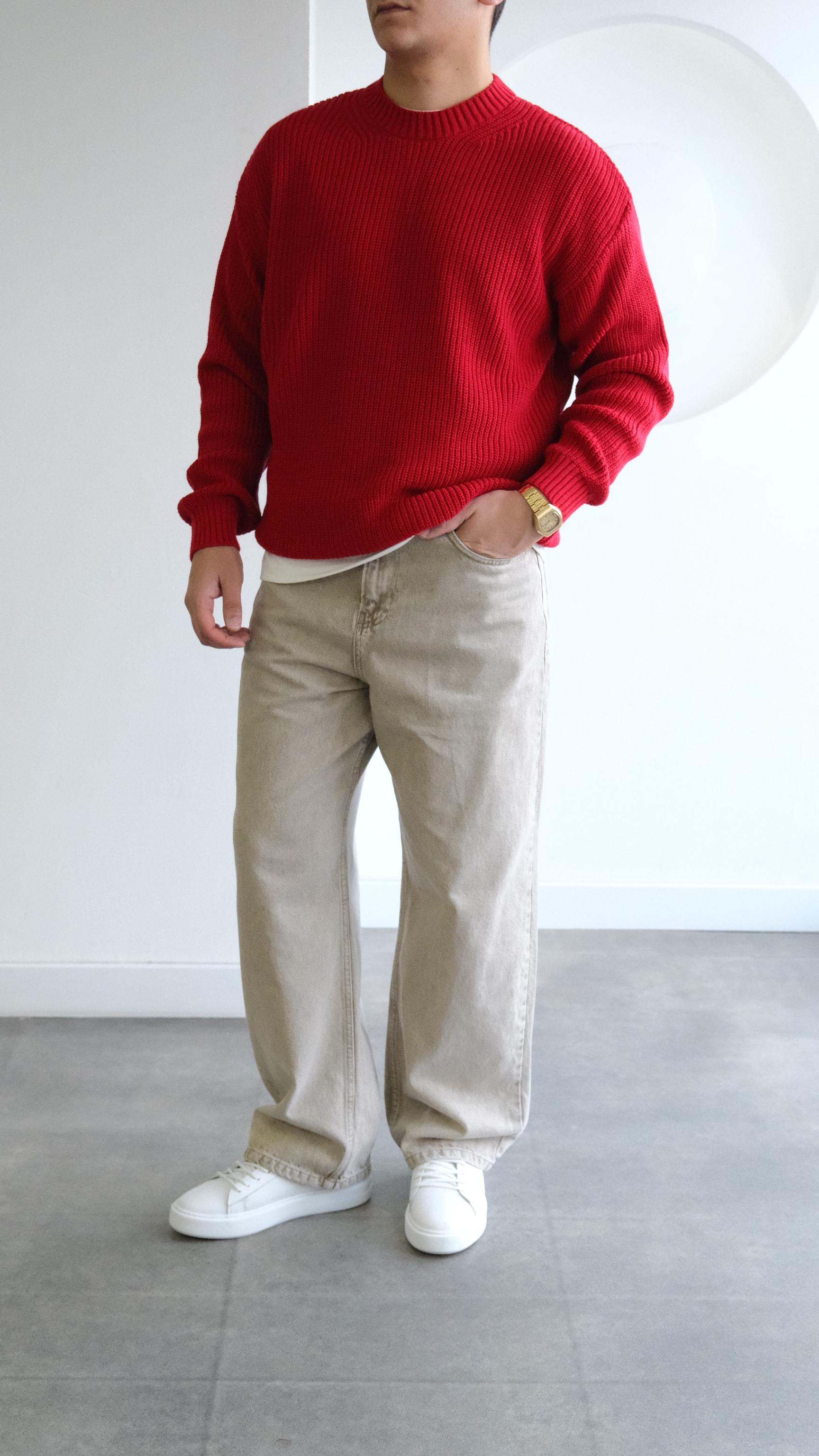 Kırmızı Örme Simit Yaka Kazak