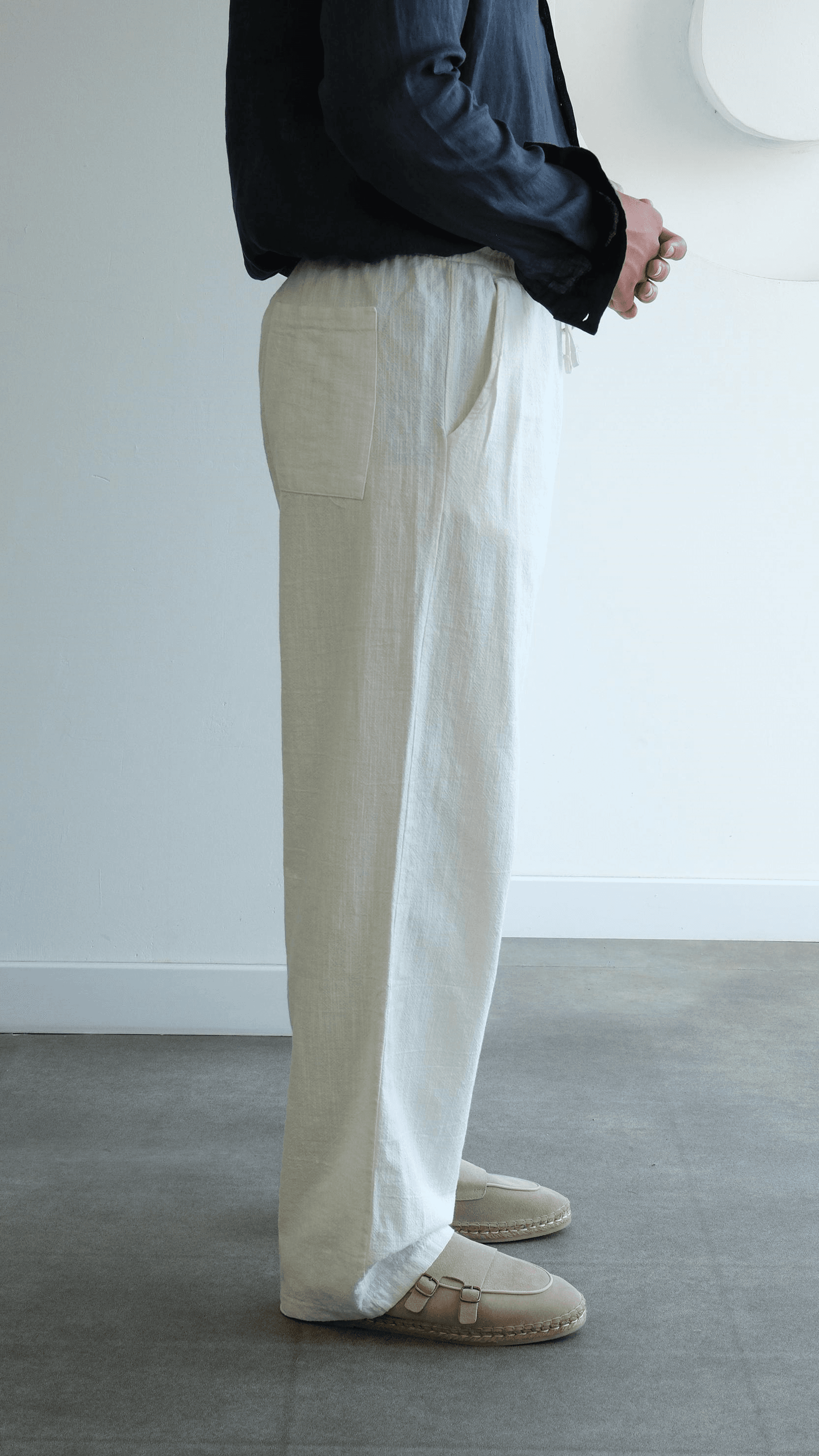 Beyaz Bağcıklı Baggy Keten Pantolon