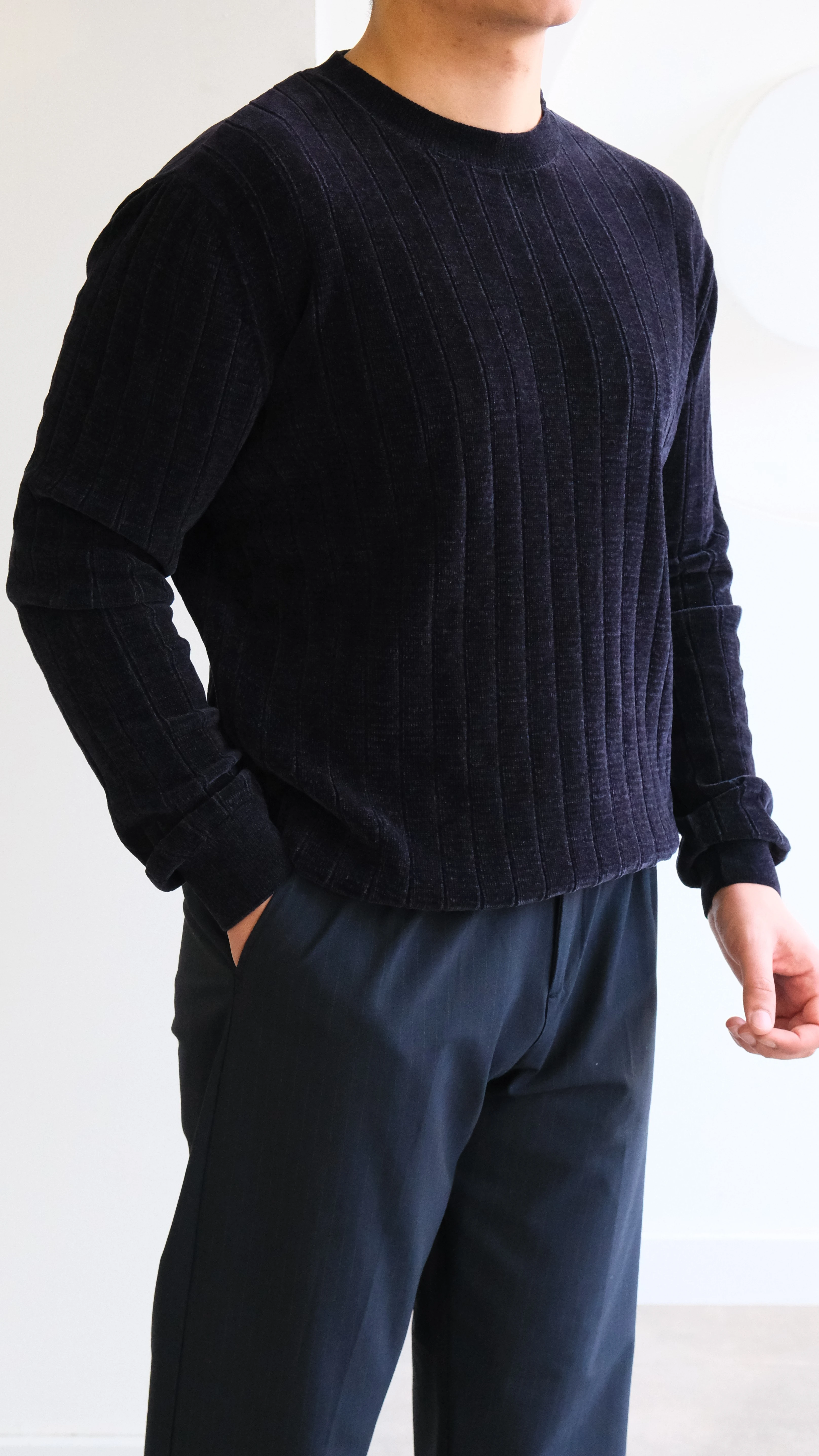 Jakarlı Şeritli Lacivert Simit Yaka Kazak