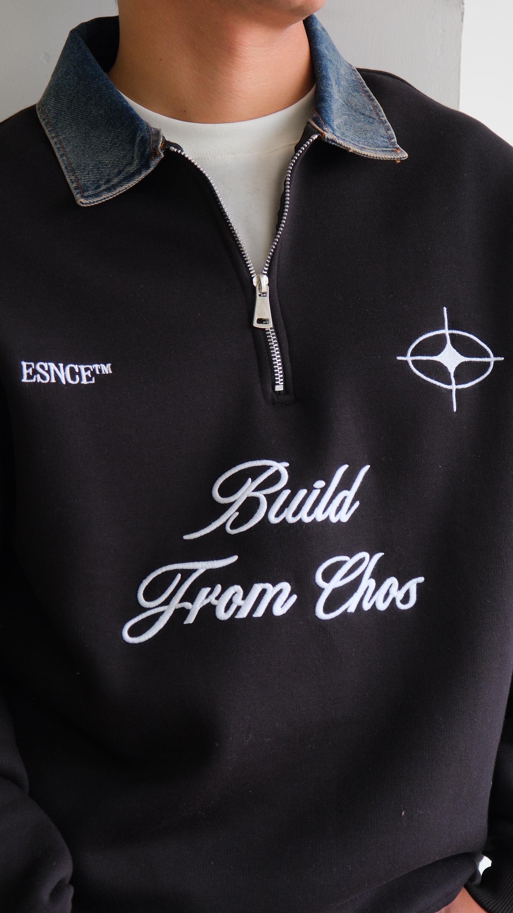 Fermuarlı Kot Polo Yaka Siyah Sweat