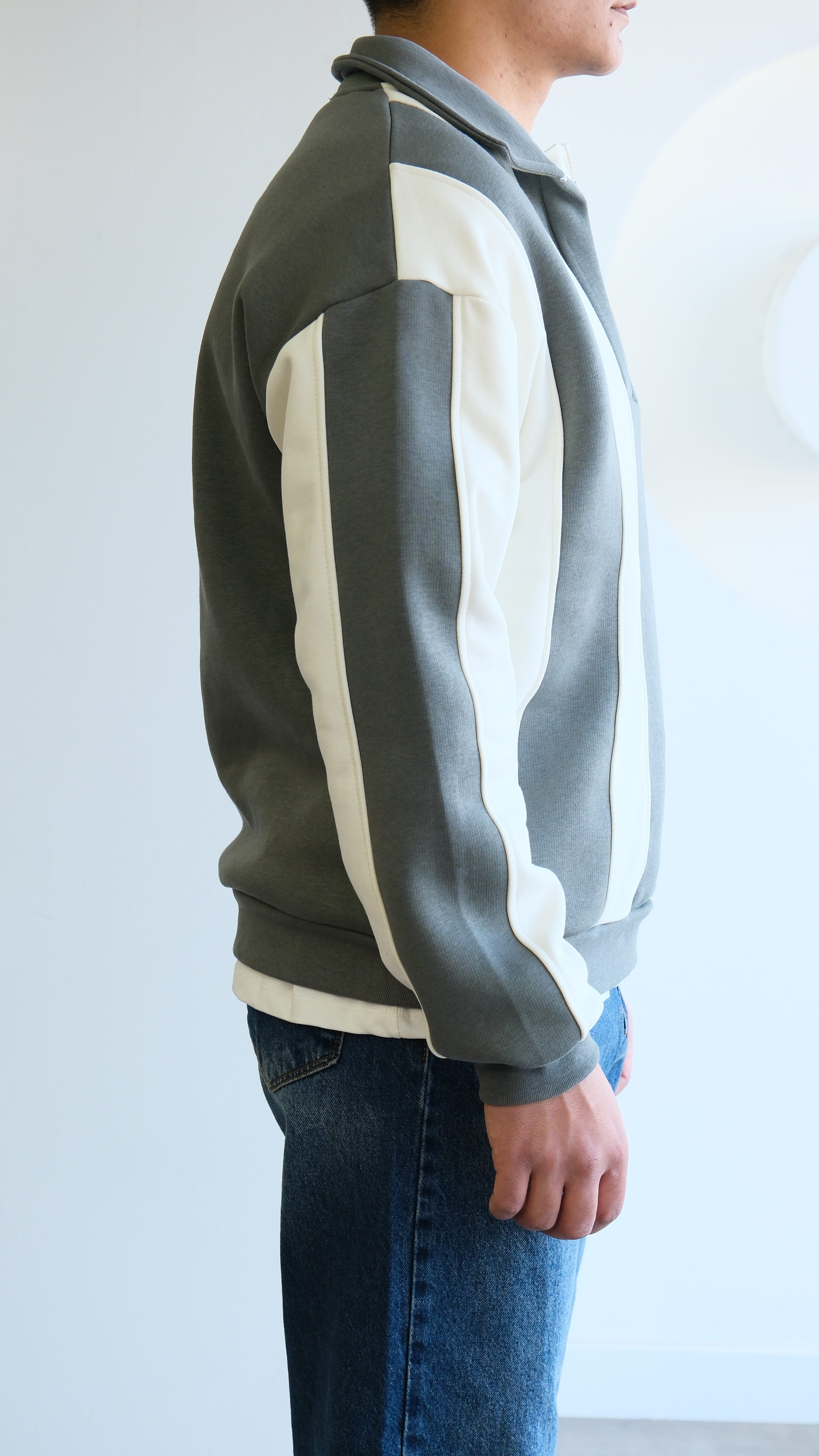 Haki/ Ekru Şeritli Polo Yaka Sweatshirt