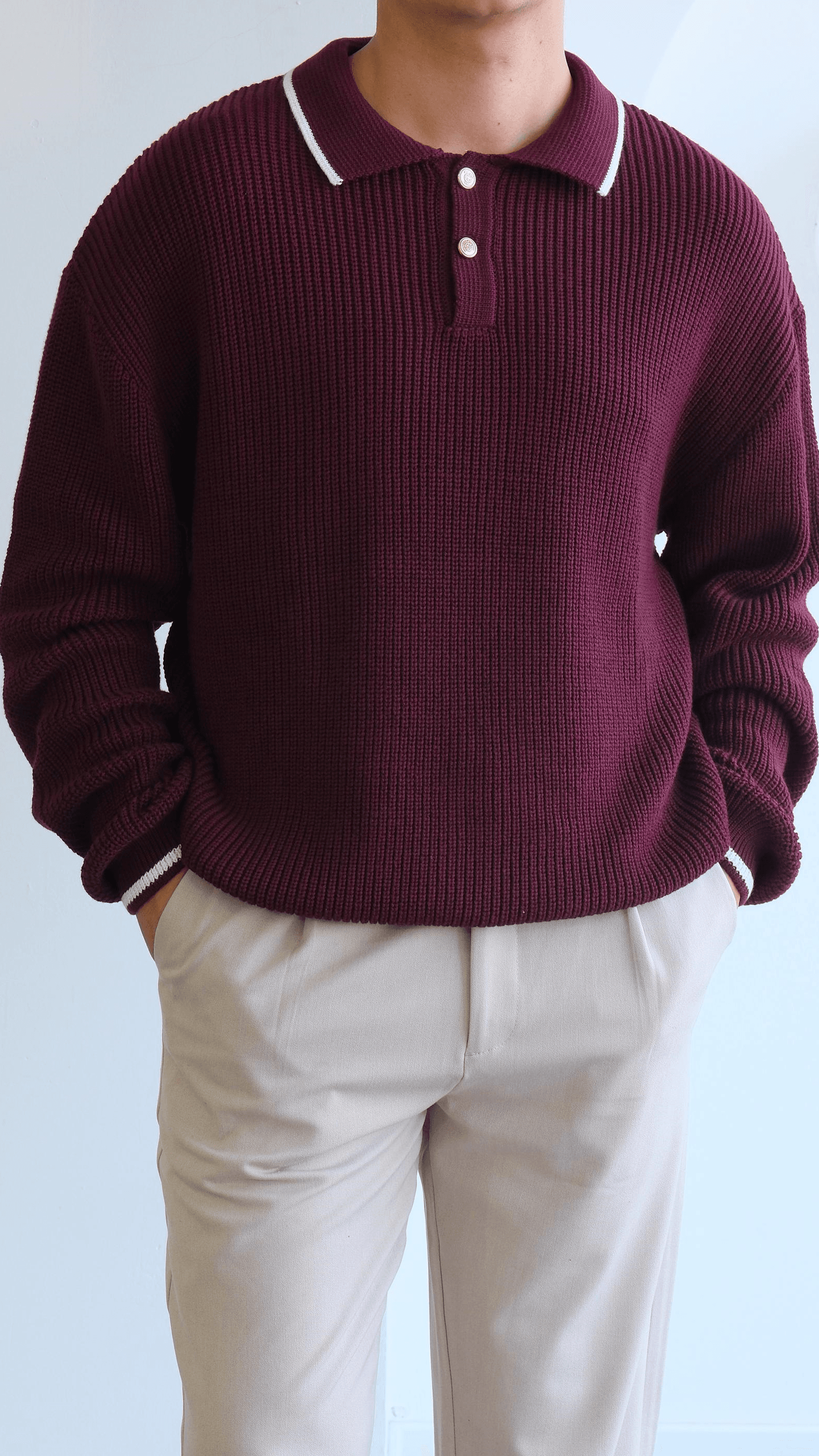 Bordo Örme Polo Yaka Şeritli Kazak