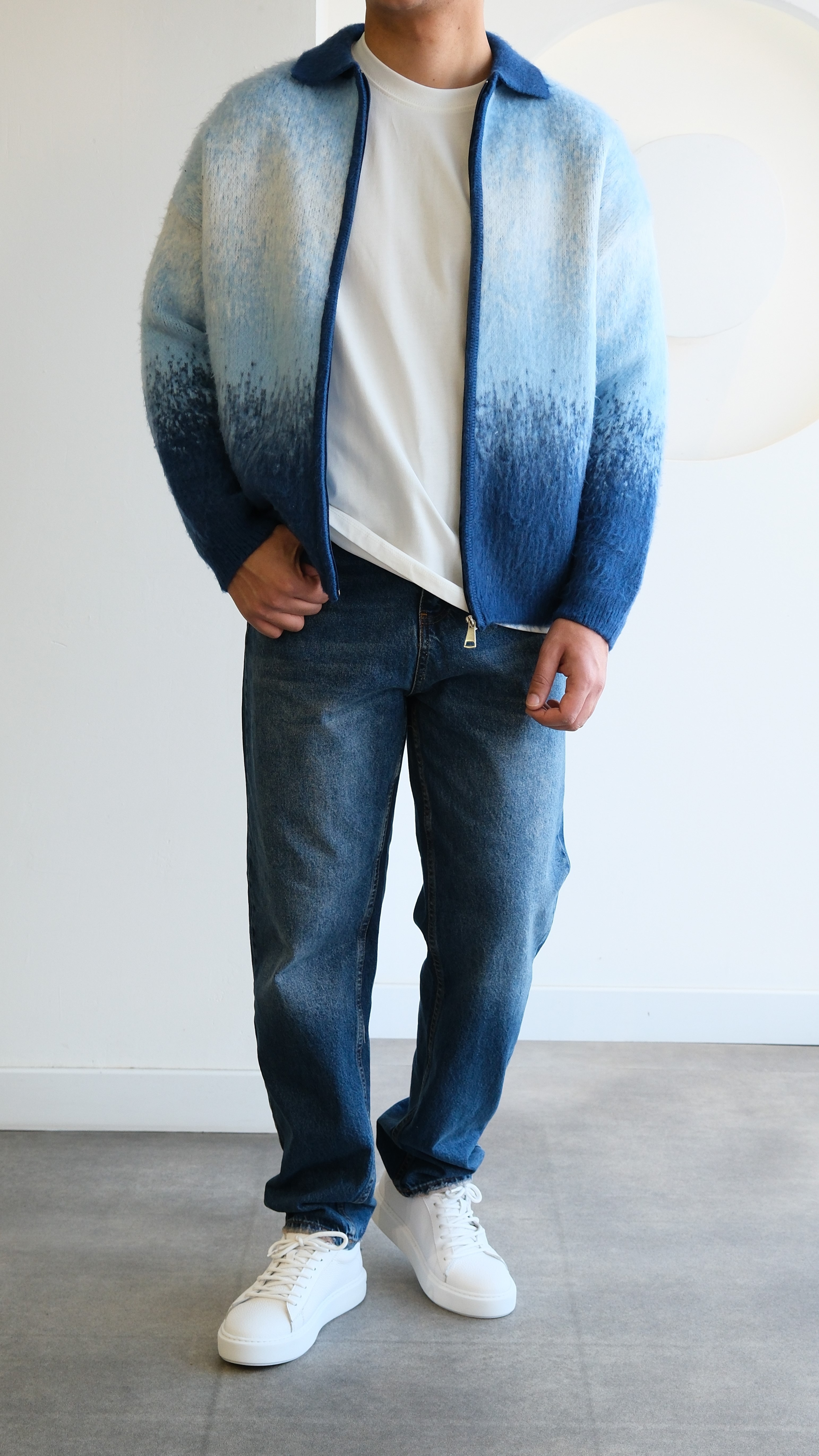 Yün Görünümlü Mavi Kontrast Kalın Hırka