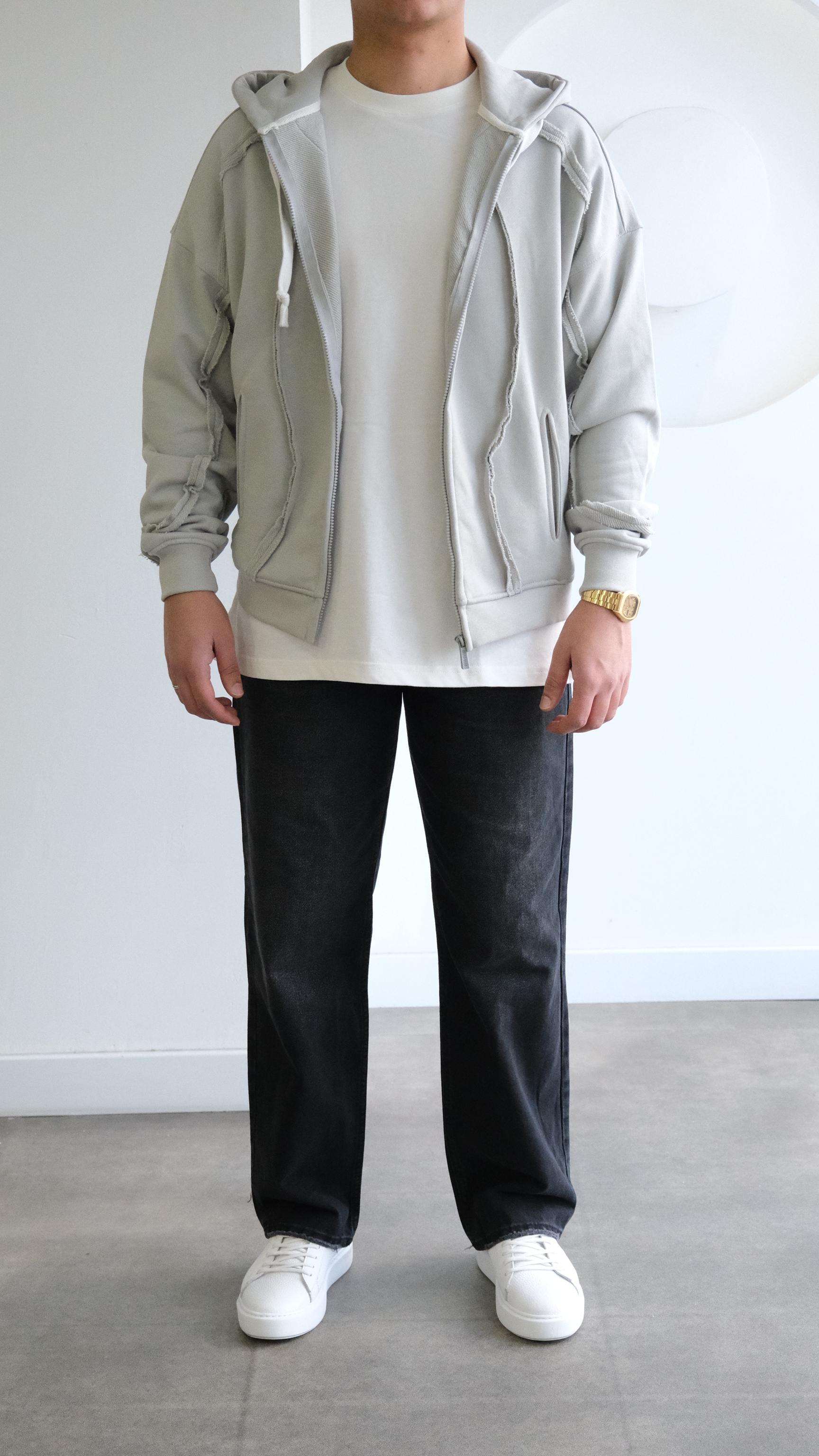 Gri Kapüşonlu Şerit Desenli Sweatshirt