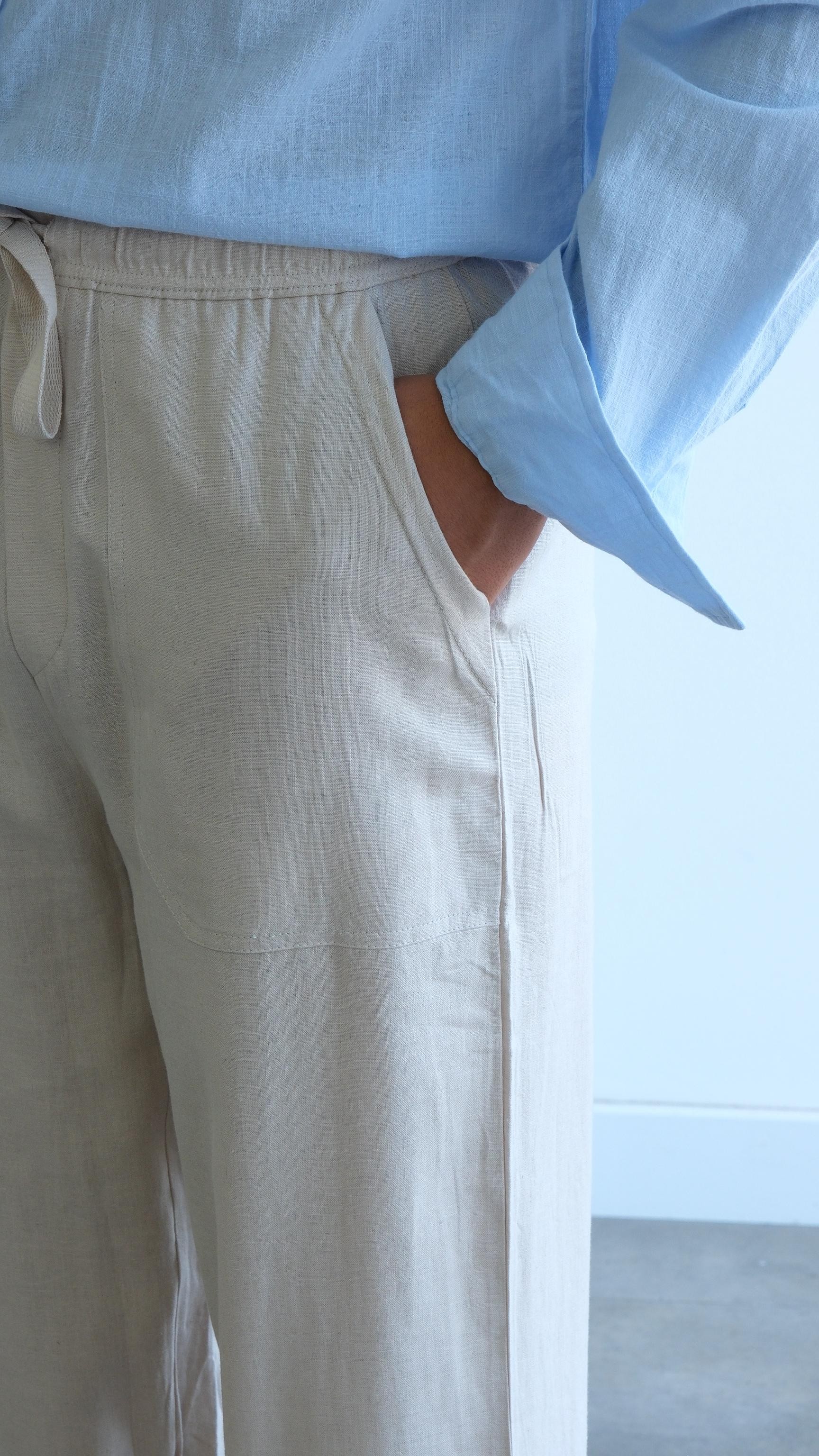 Bej Baggy Keten Pantolon 