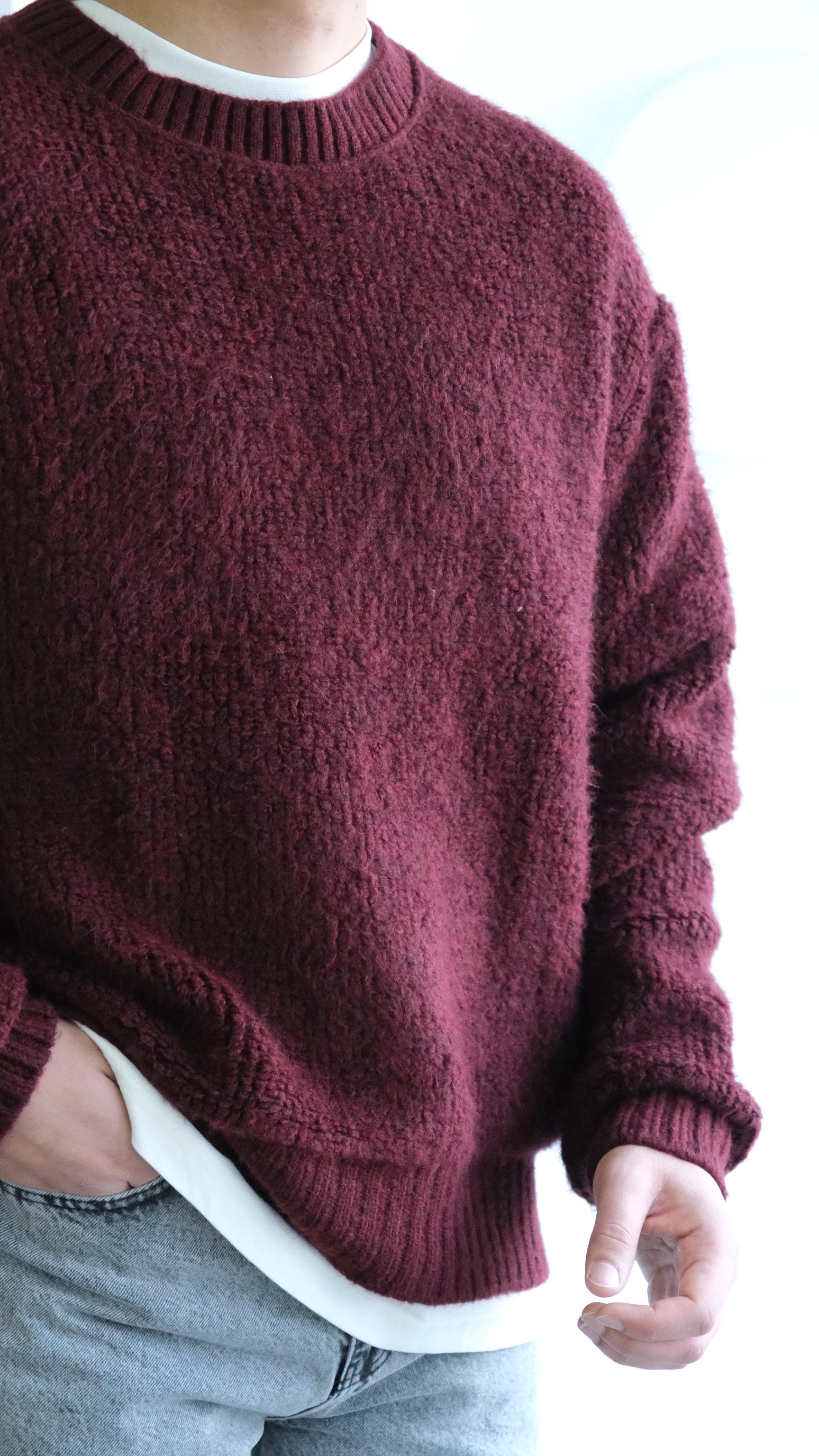 Bukle Örme Dokulu Bordo Kazak