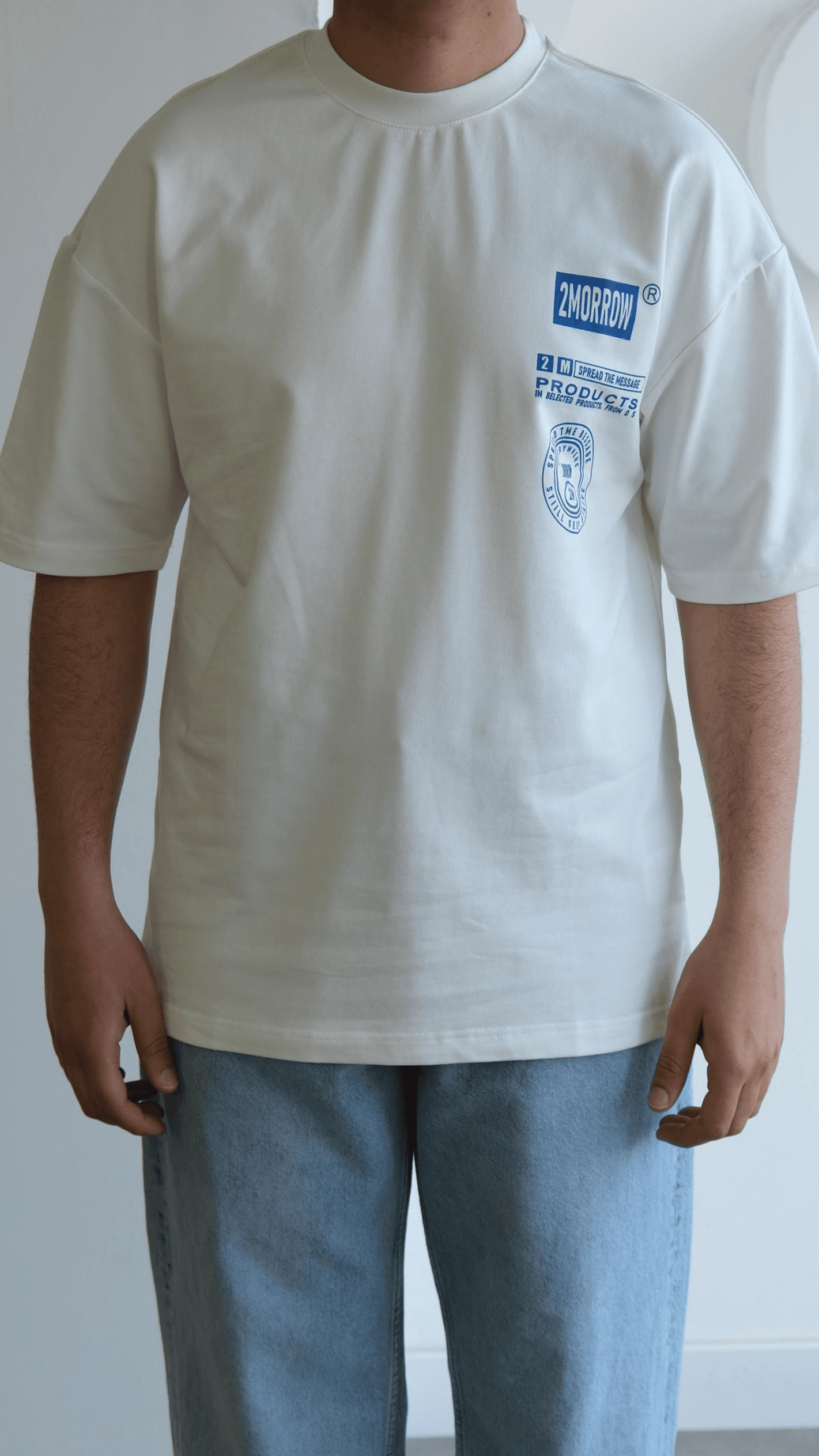 Mavi Baskılı Beyaz Oversize Tshirt