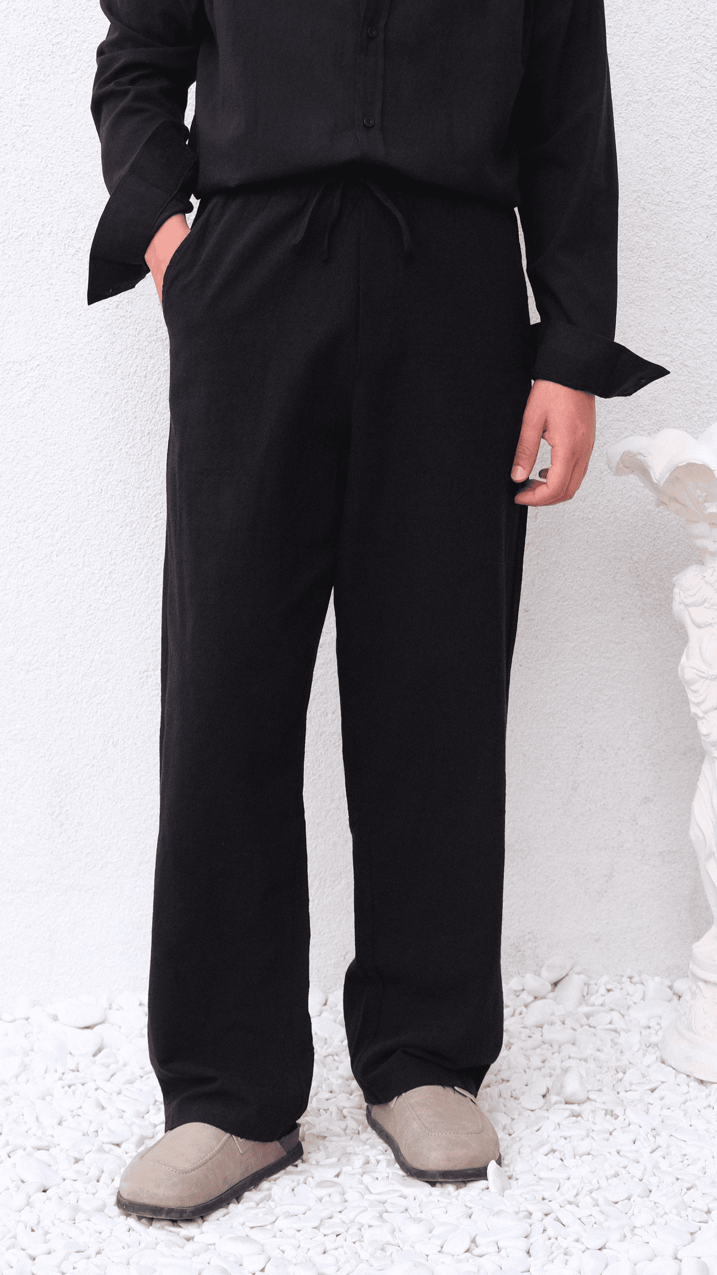 Siyah Bağcıklı Baggy Keten Pantolon
