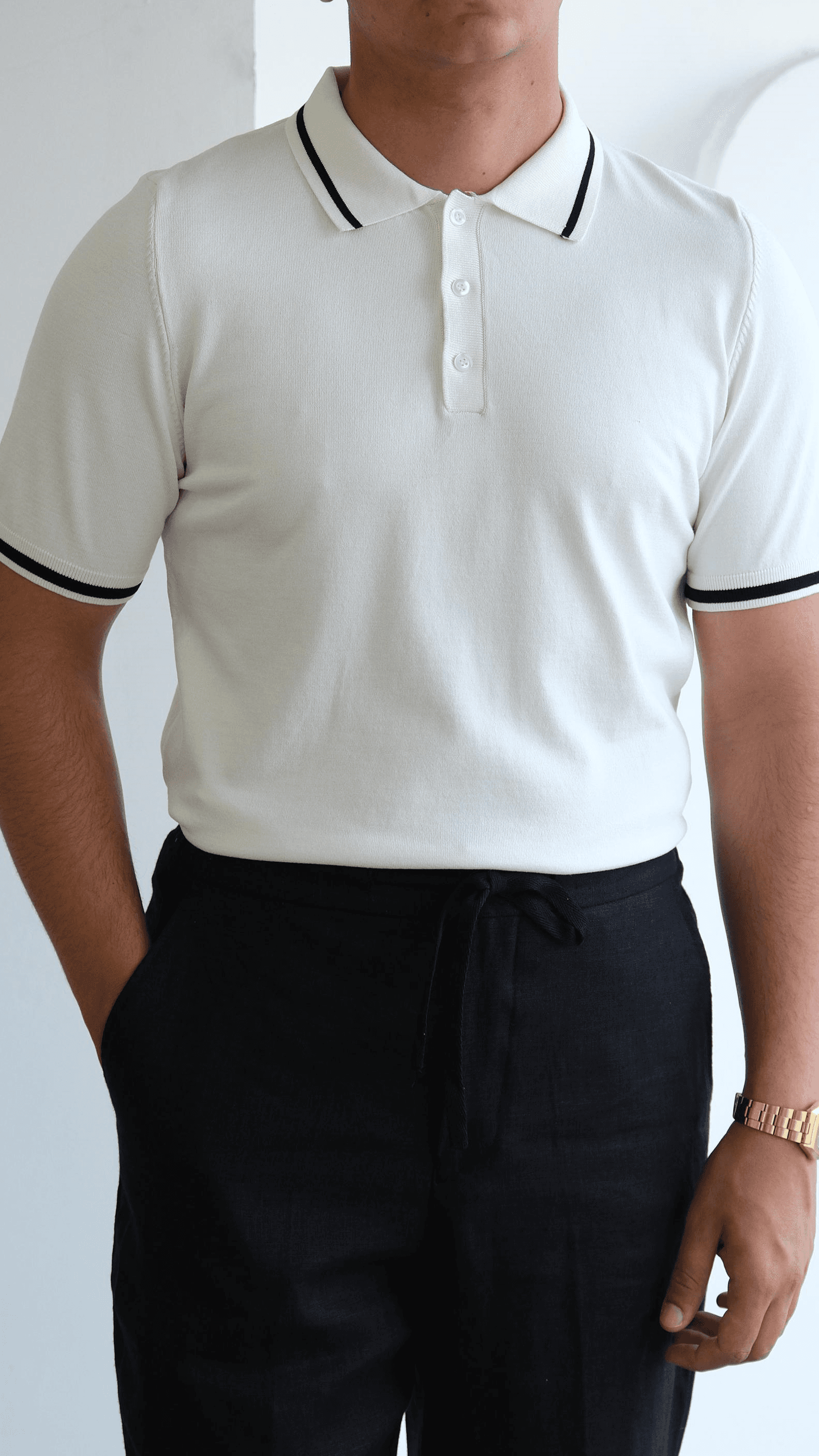 Ekru Polo Yaka Şeritli Triko Tshirt