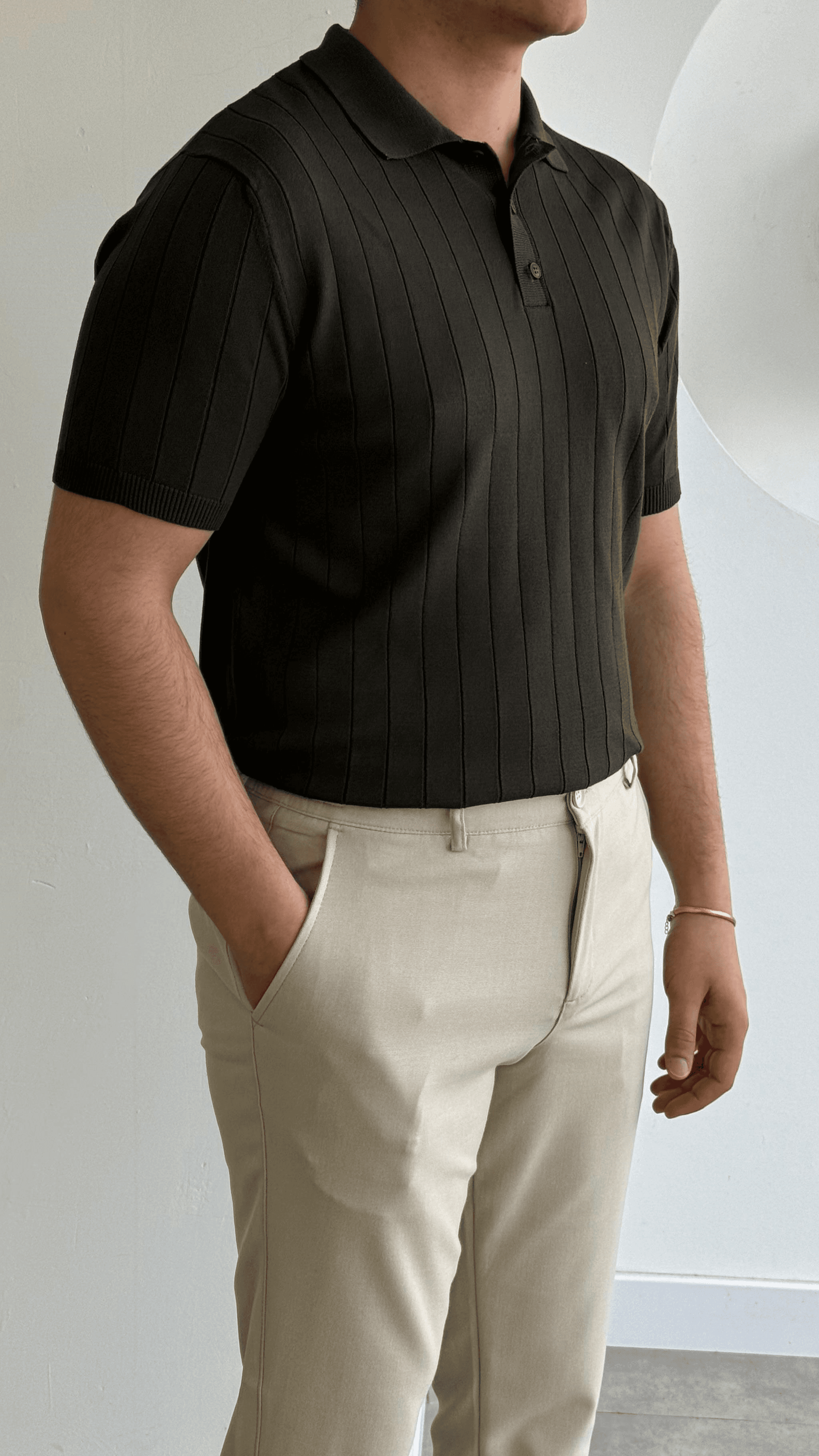 Haki Şeritli Polo Yaka Triko