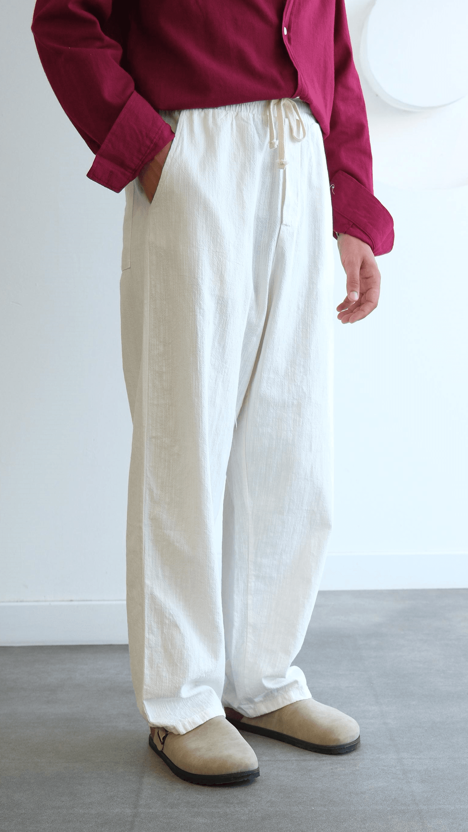 Beyaz Baggy Keten Bağcıklı Pantolon