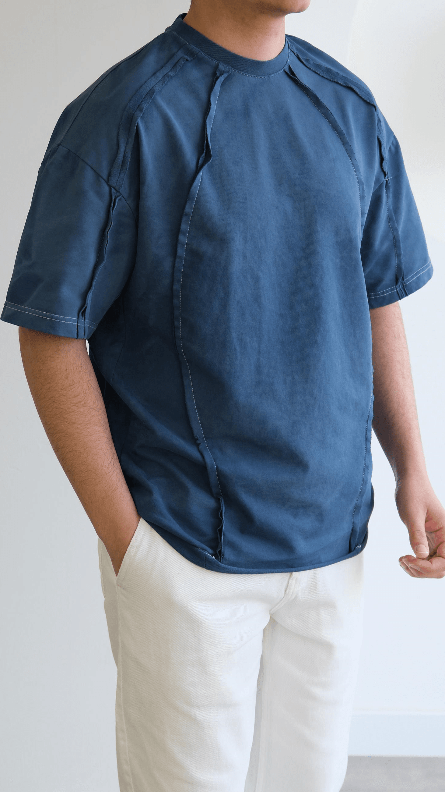 Mavi Oversize Dikiş Detaylı Tshirt