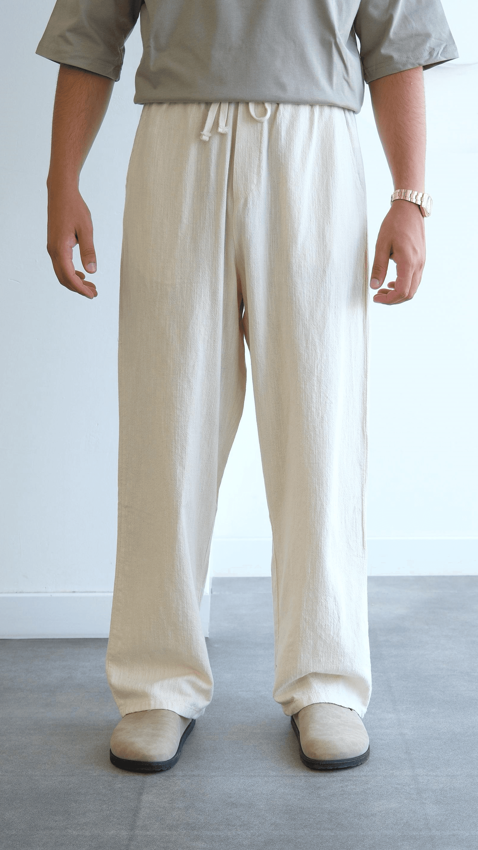 Krem Baggy Keten Bağcıklı Pantolon