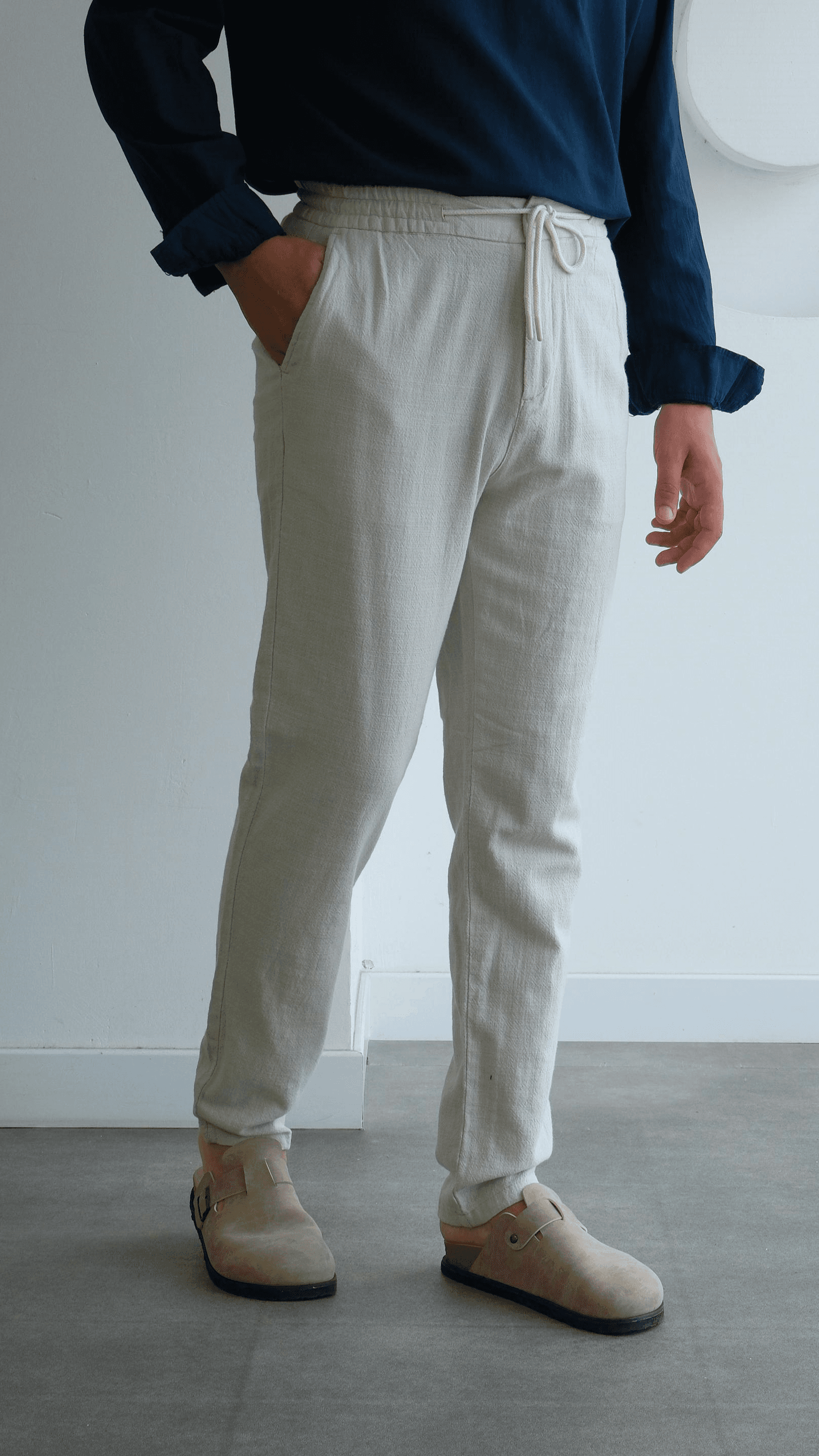 Regular Taş Rengi Keten Pantolon