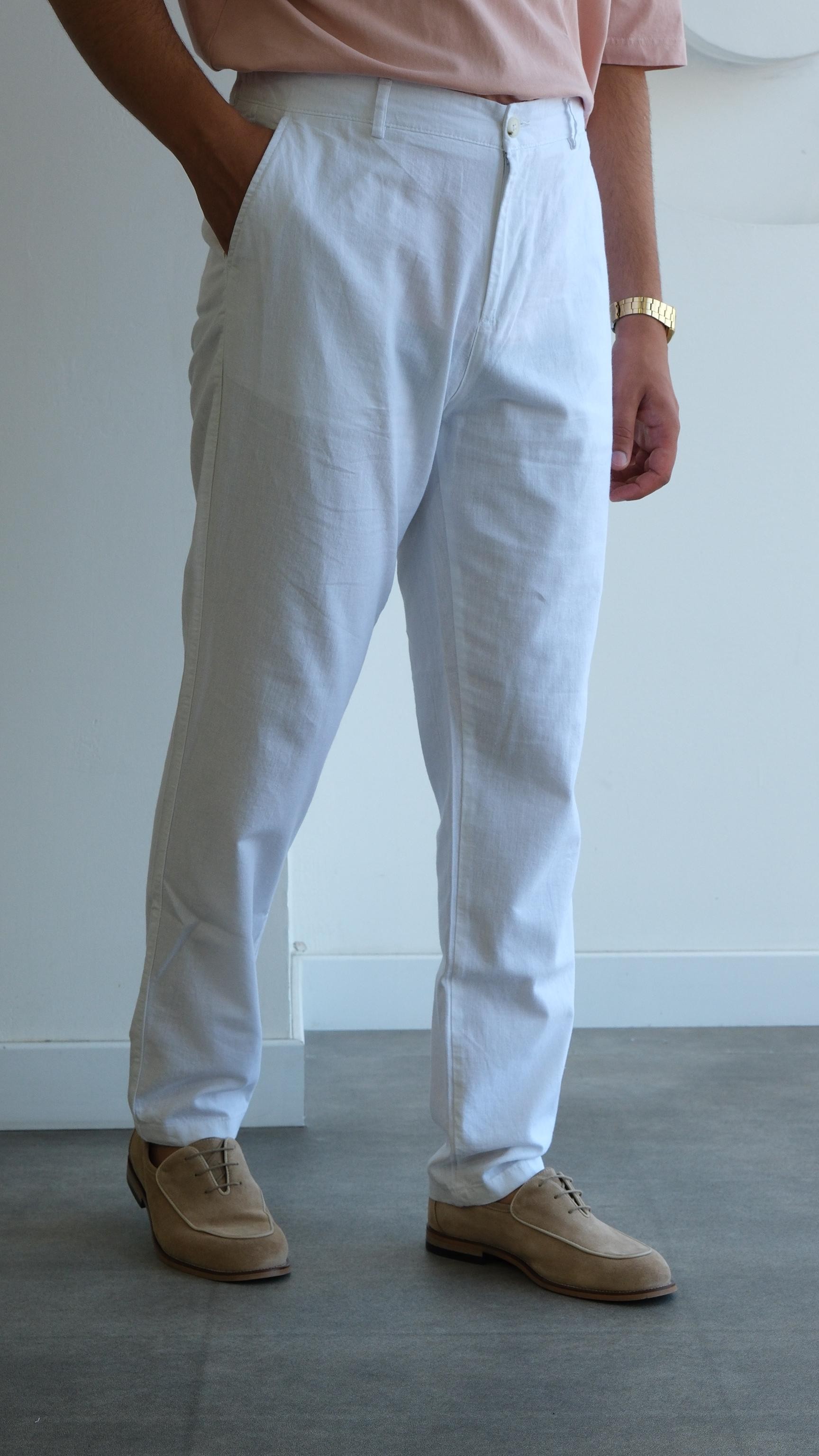Beyaz Regular Keten Pantolon