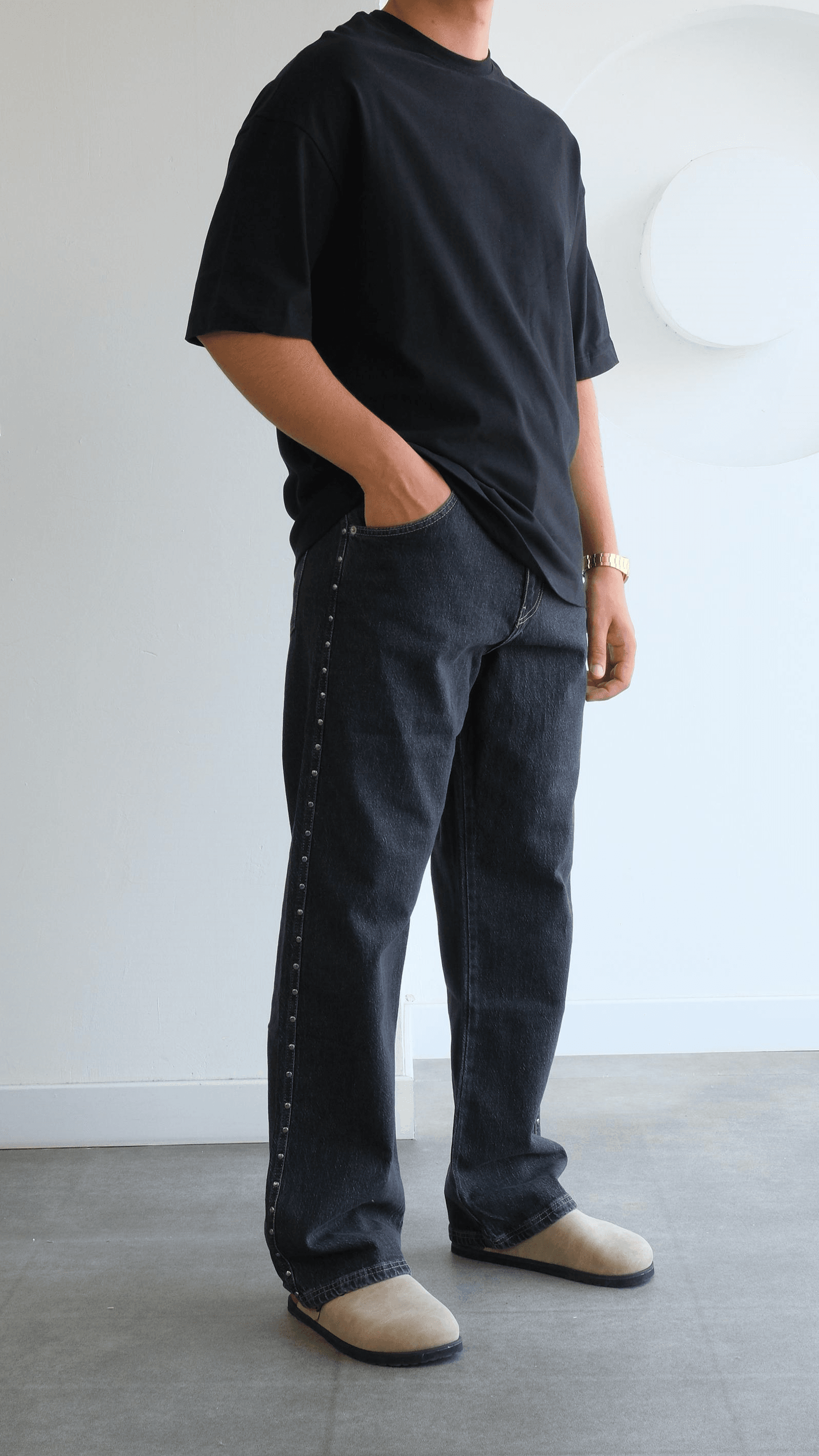 Metal Detaylı Gri Baggy Jean
