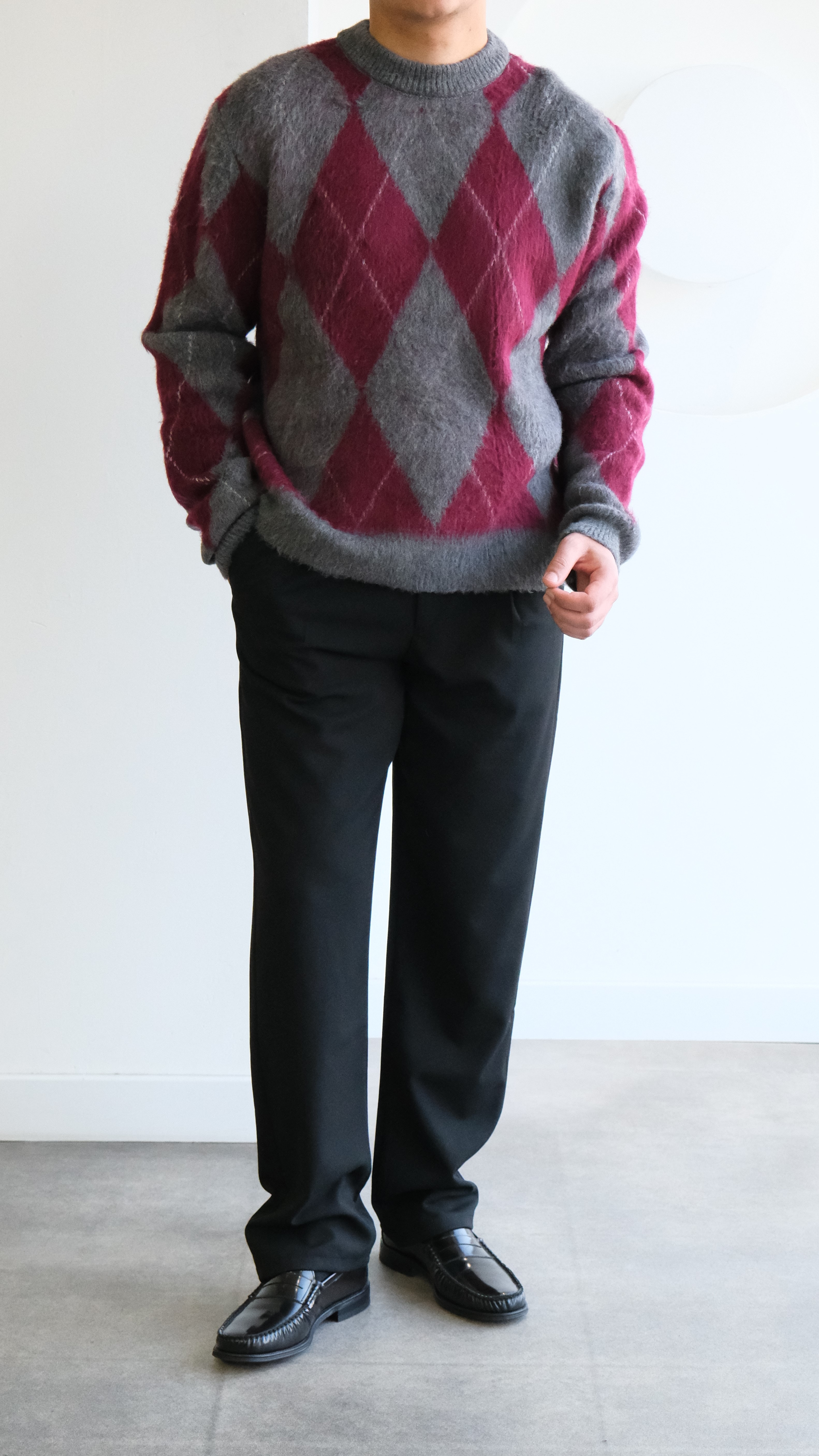 Baklava Desenli Bordo/ Gri Yün Görünümlü Kazak