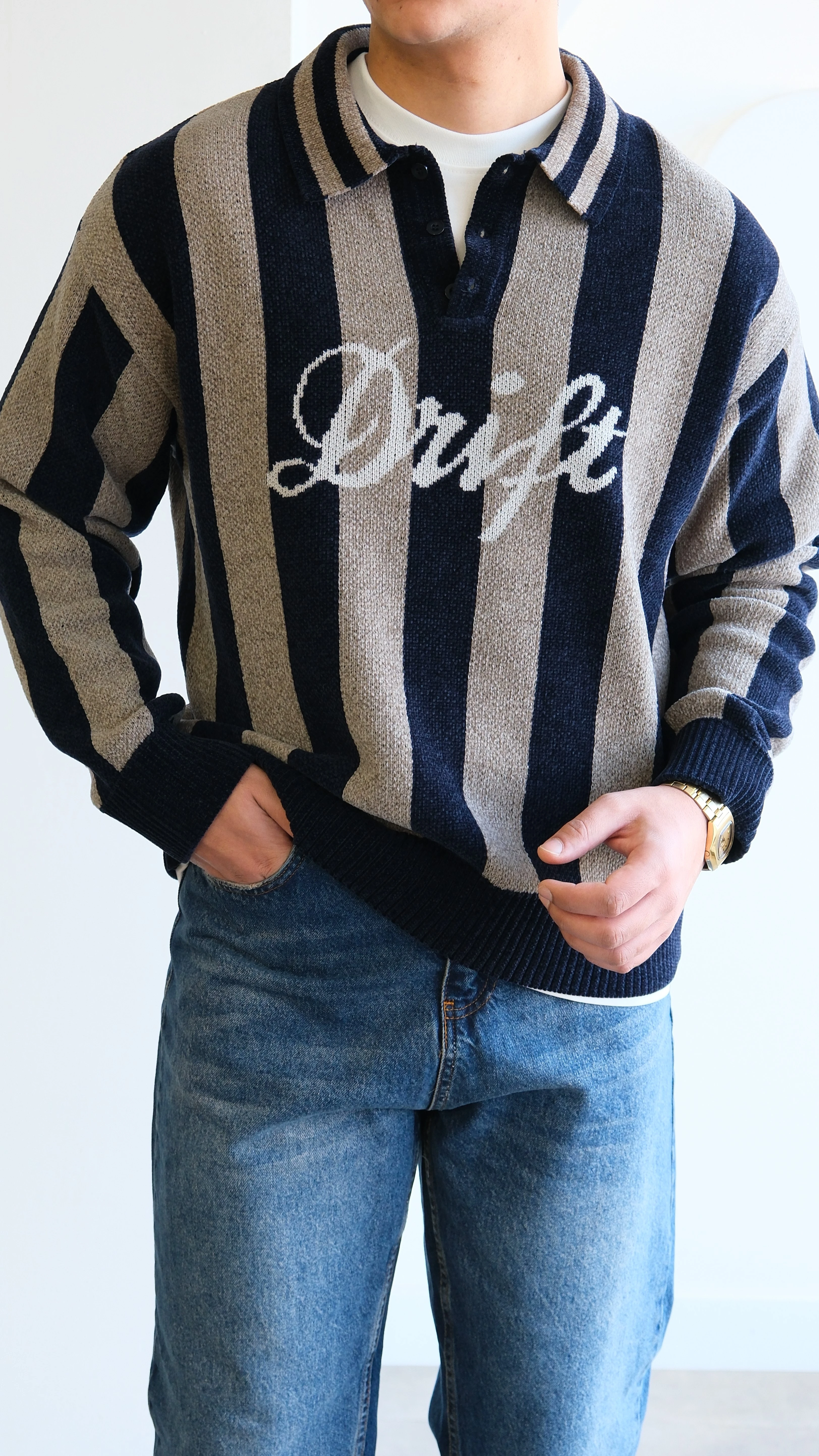 Polo Yaka Jakarlı Örme Kazak