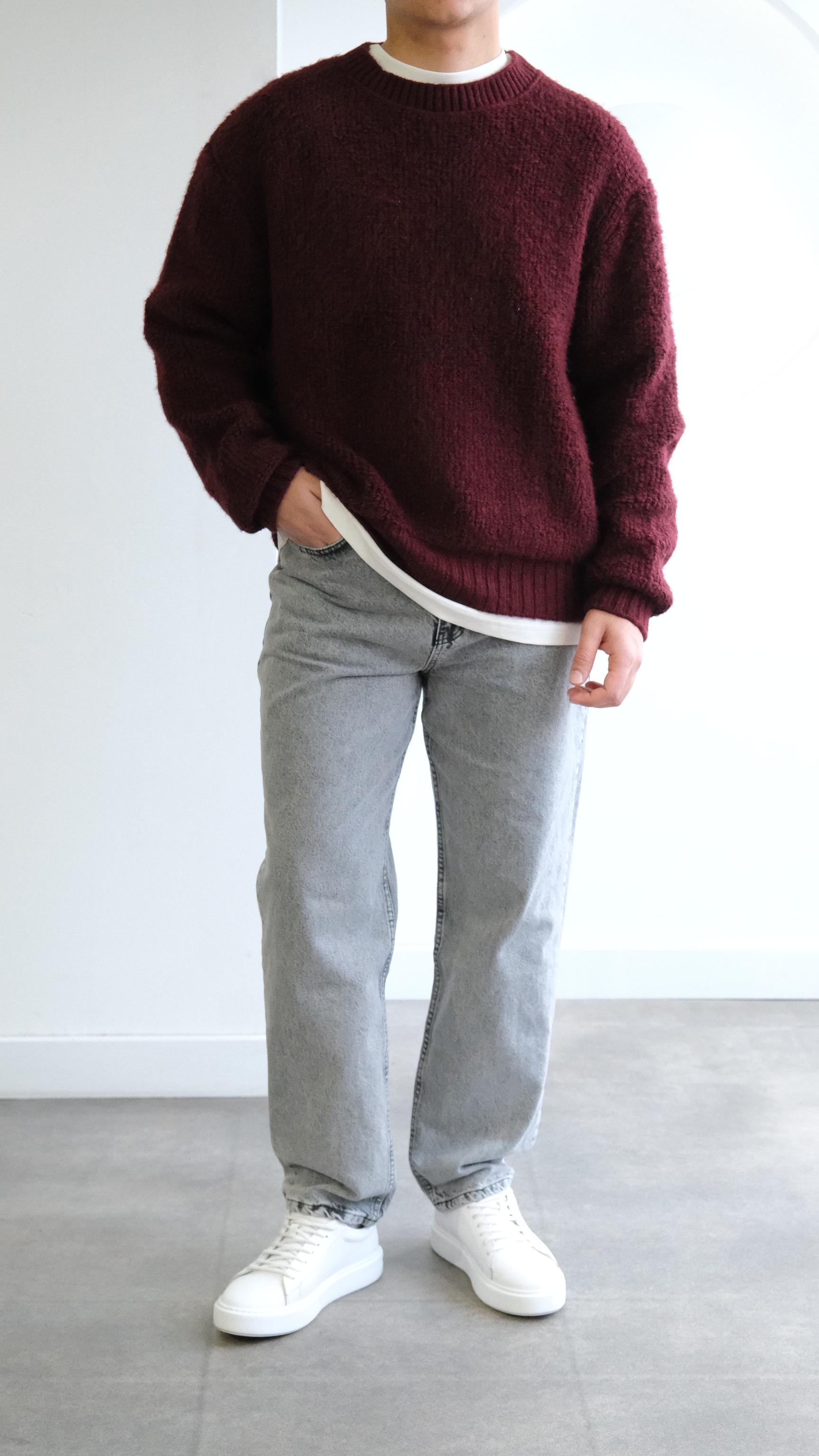 Bukle Örme Dokulu Bordo Kazak