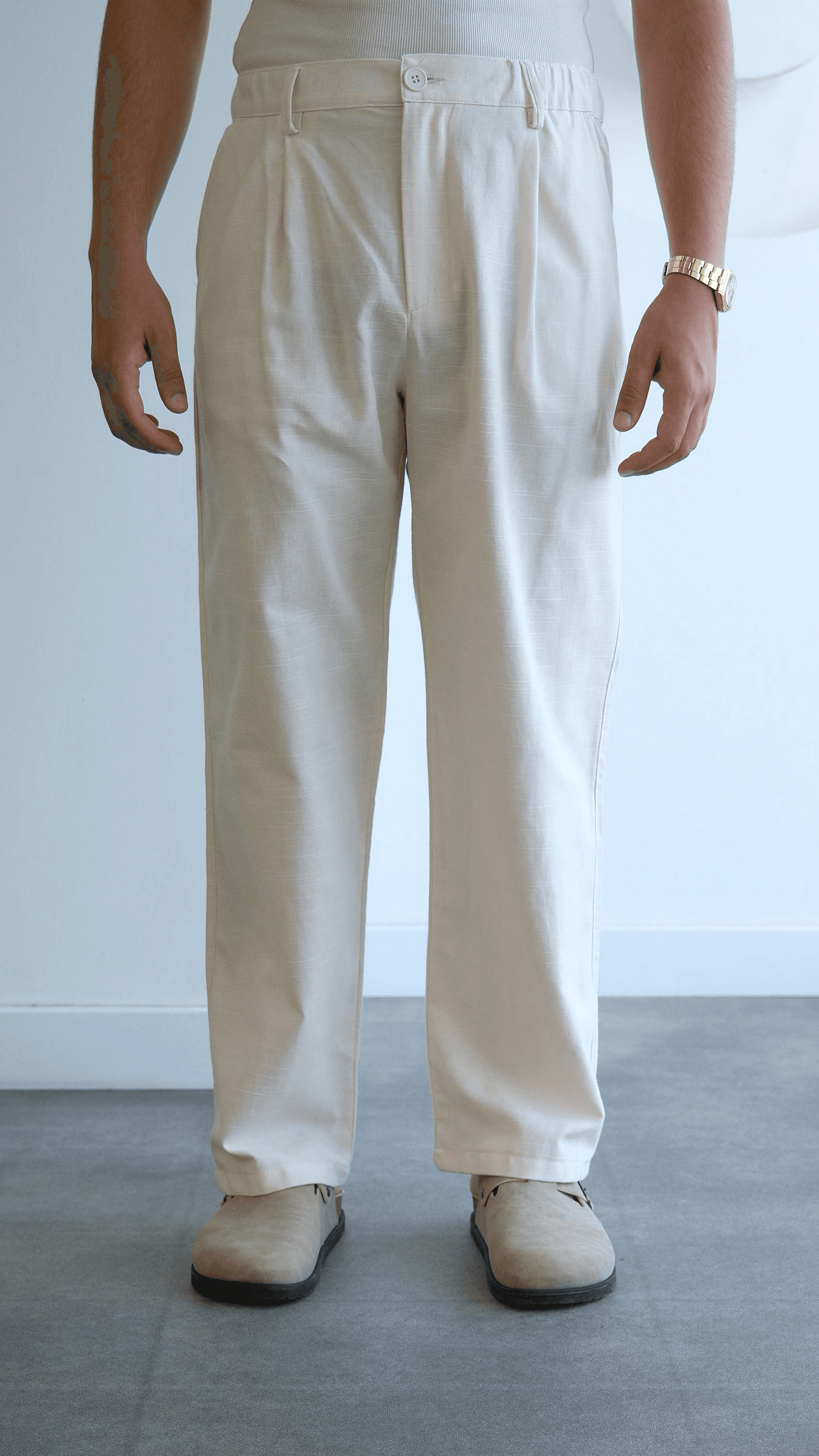 Ekru Baggy Keten Pantolon