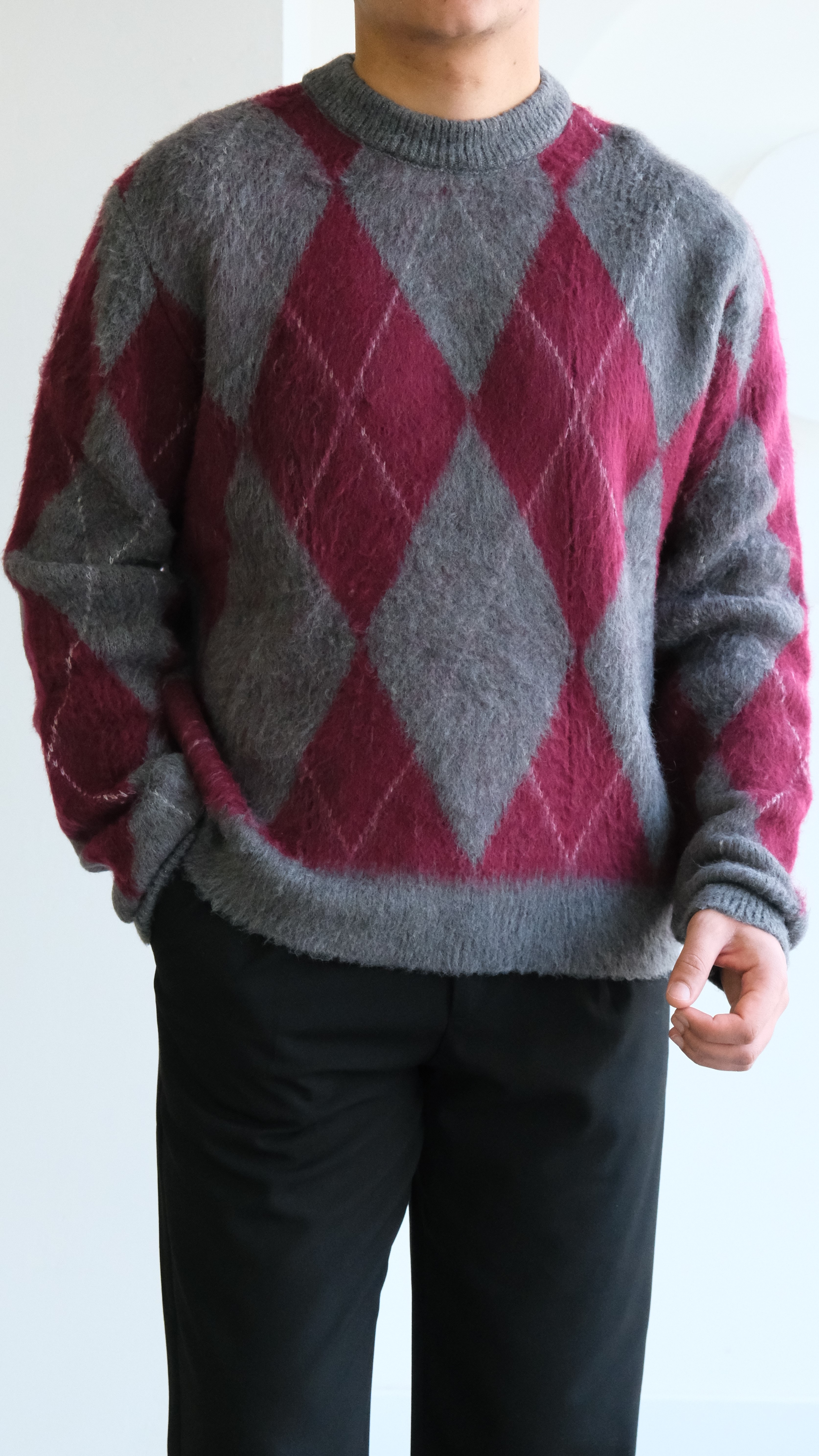 Baklava Desenli Bordo/ Gri Yün Görünümlü Kazak