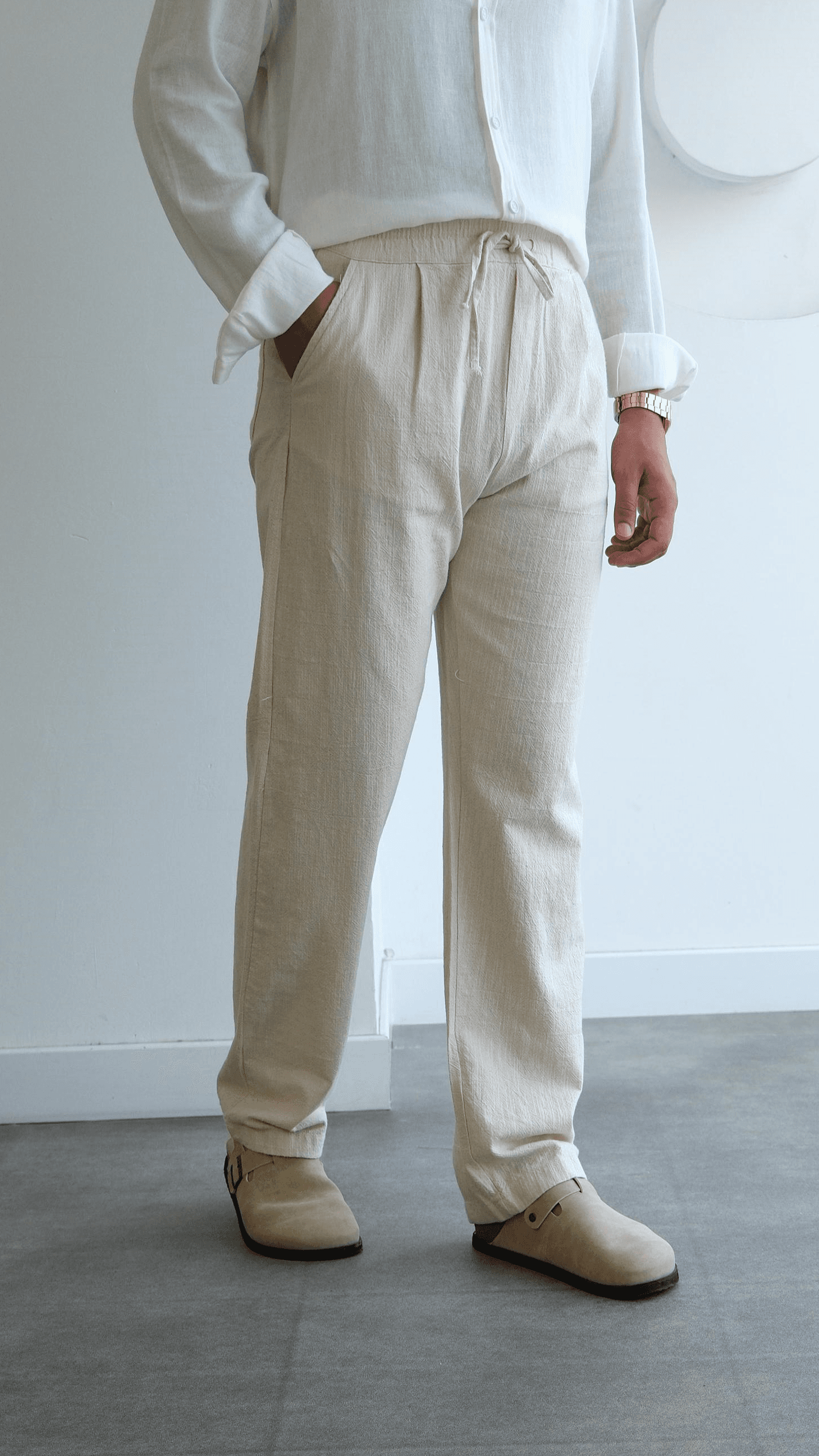 Bej Baggy Keten Bağcıklı Pantolon