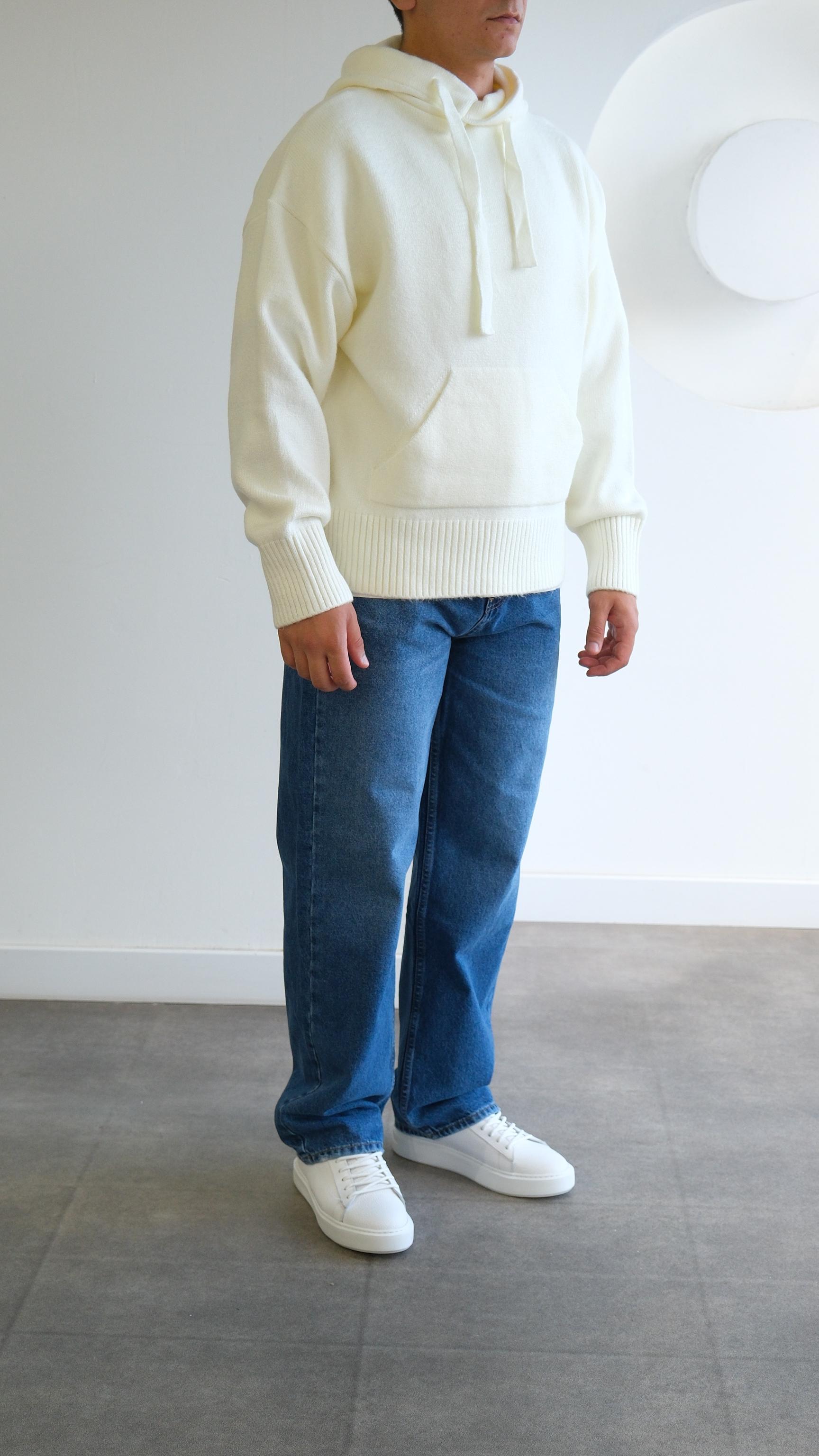 Ekru Yün Kapüşonlu Sweatshirt
