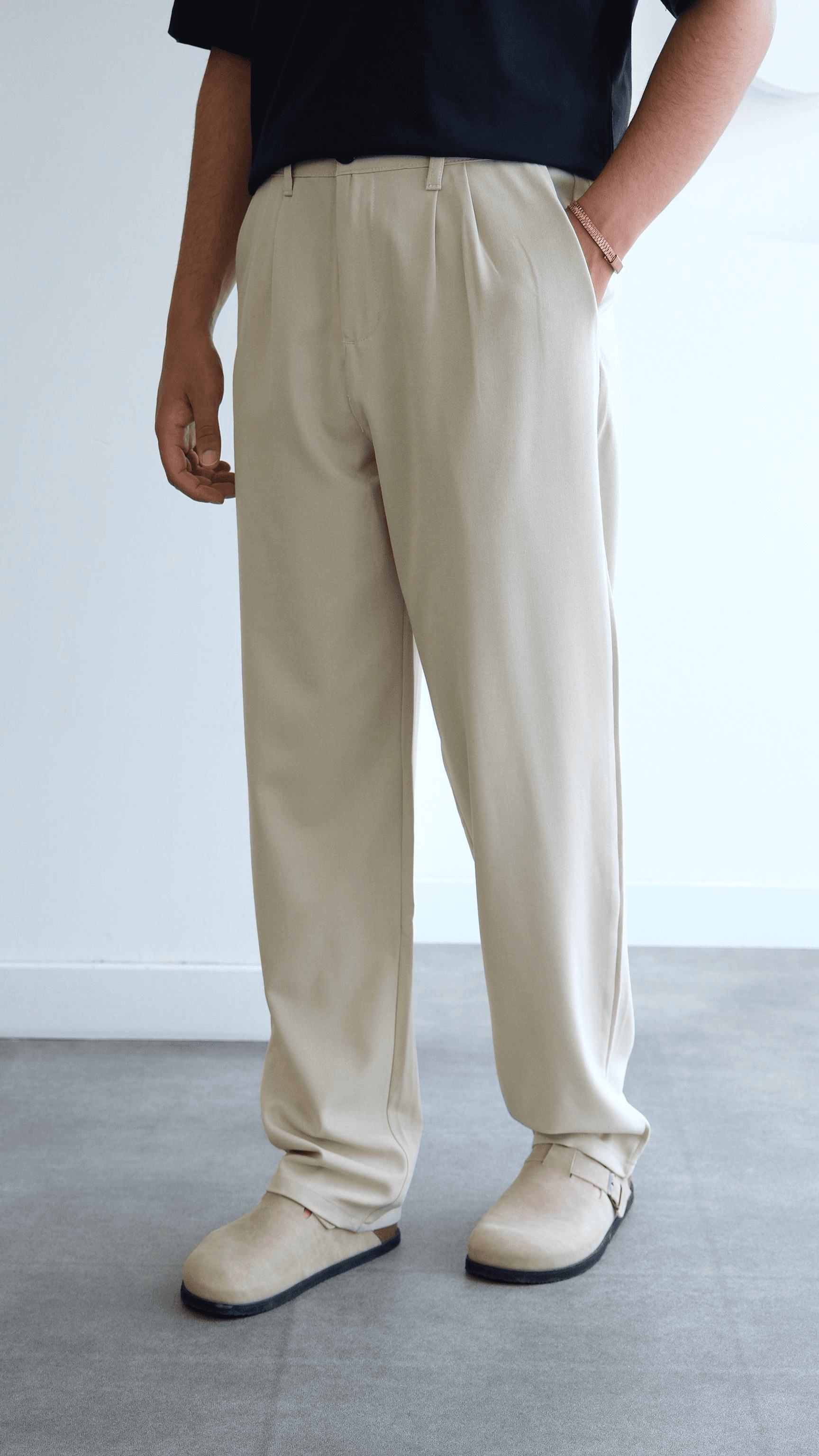 Açık Bej Baggy Kumaş Pantolon