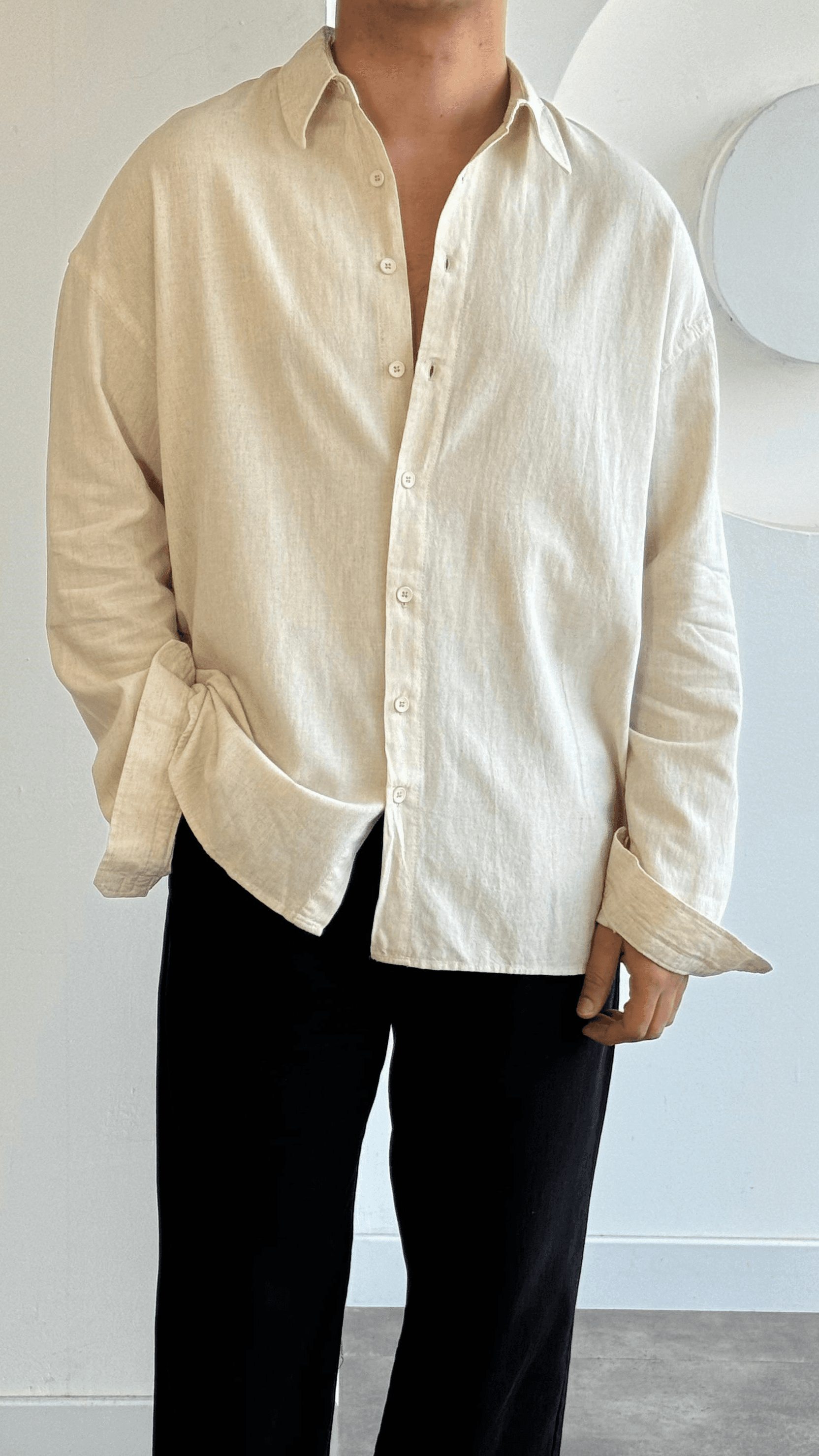 Bej Oversize Keten Gömlek