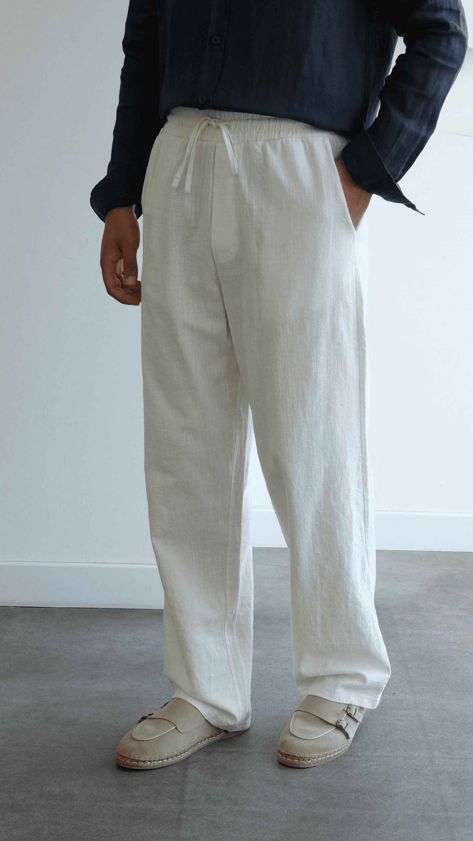 Beyaz Bağcıklı Baggy Keten Pantolon