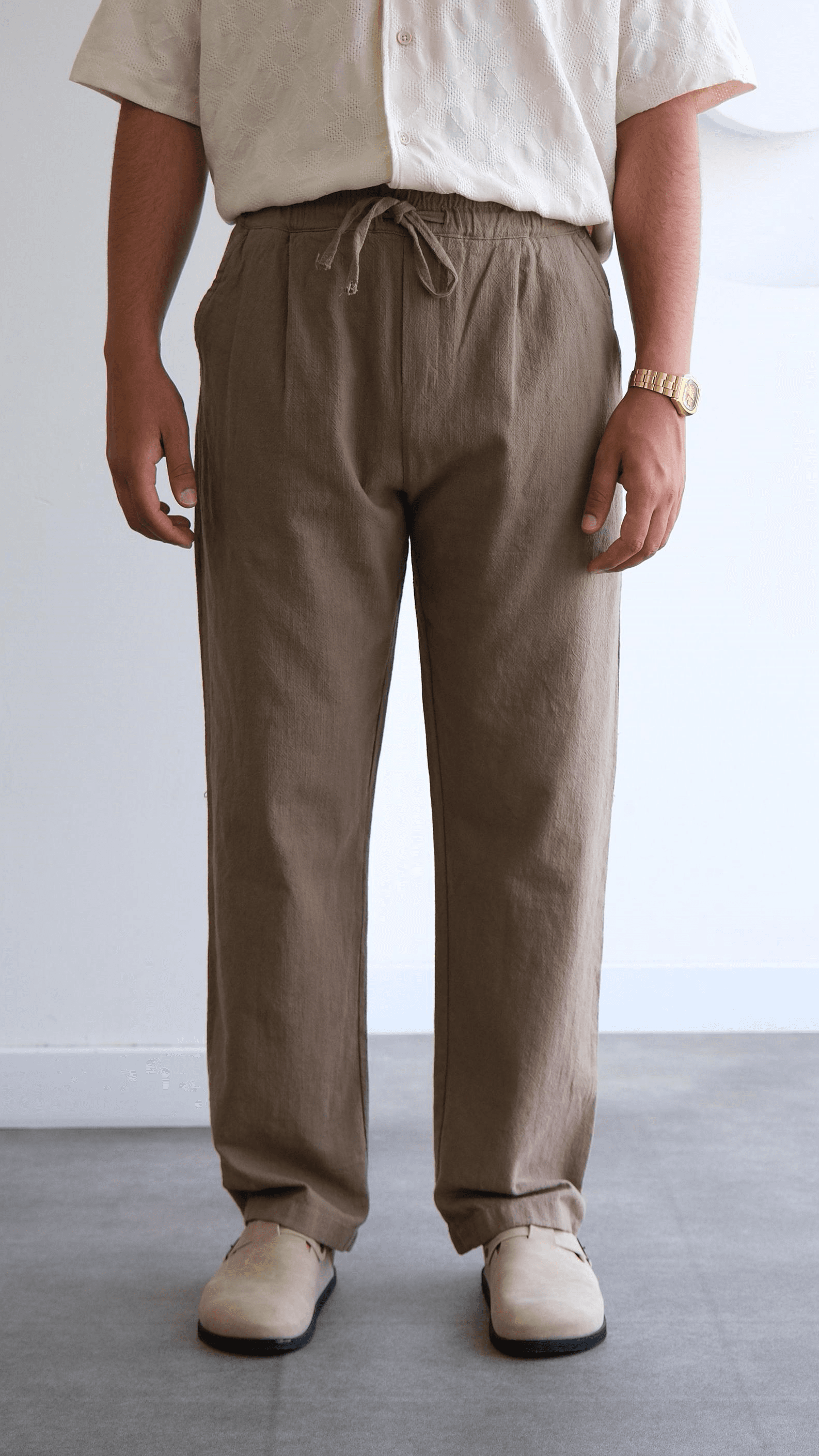 Kahve Baggy Keten Bağcıklı Pantolon