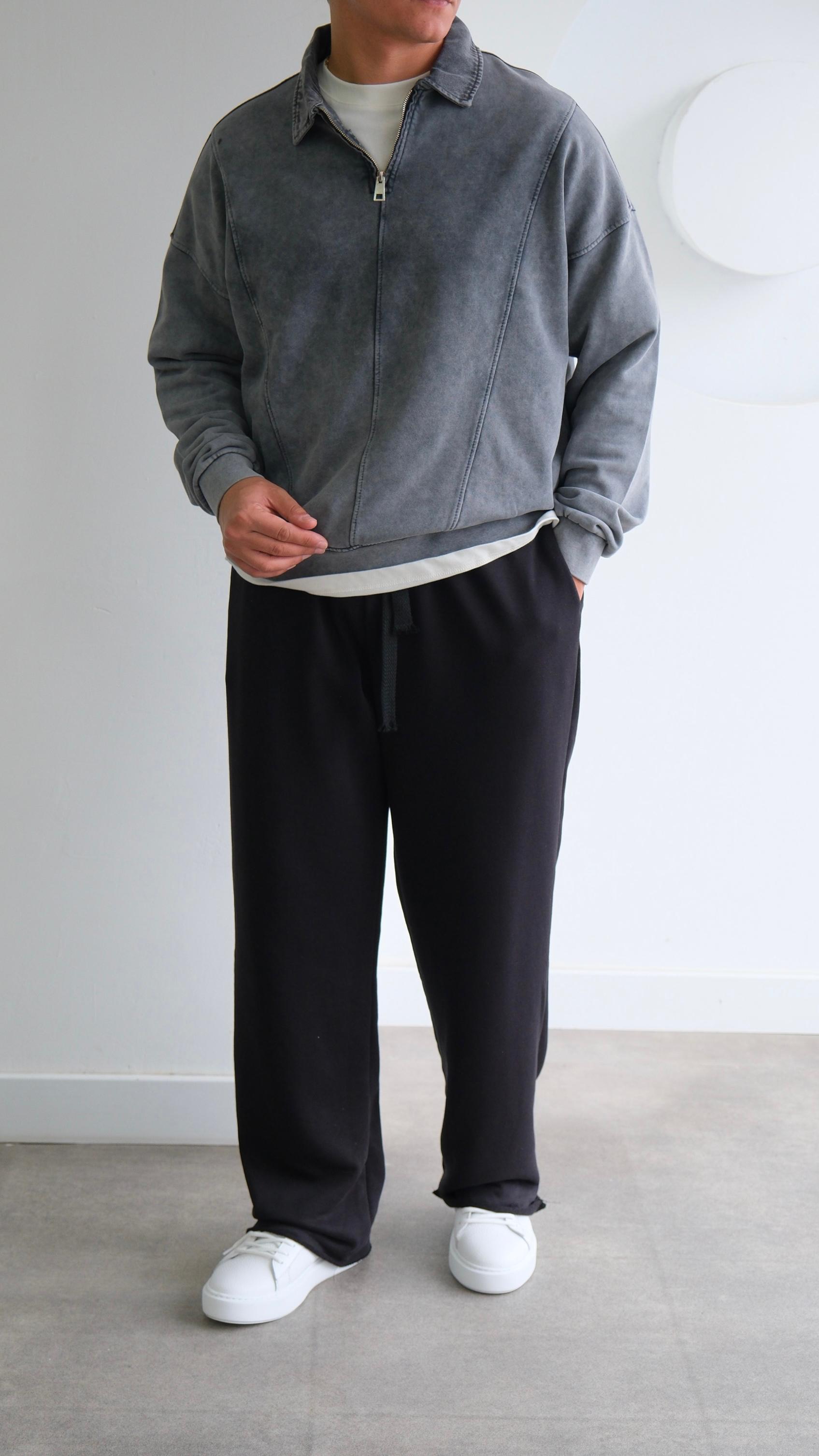 Yıkamalı Gri Fermuarlı Polo Yaka Sweat