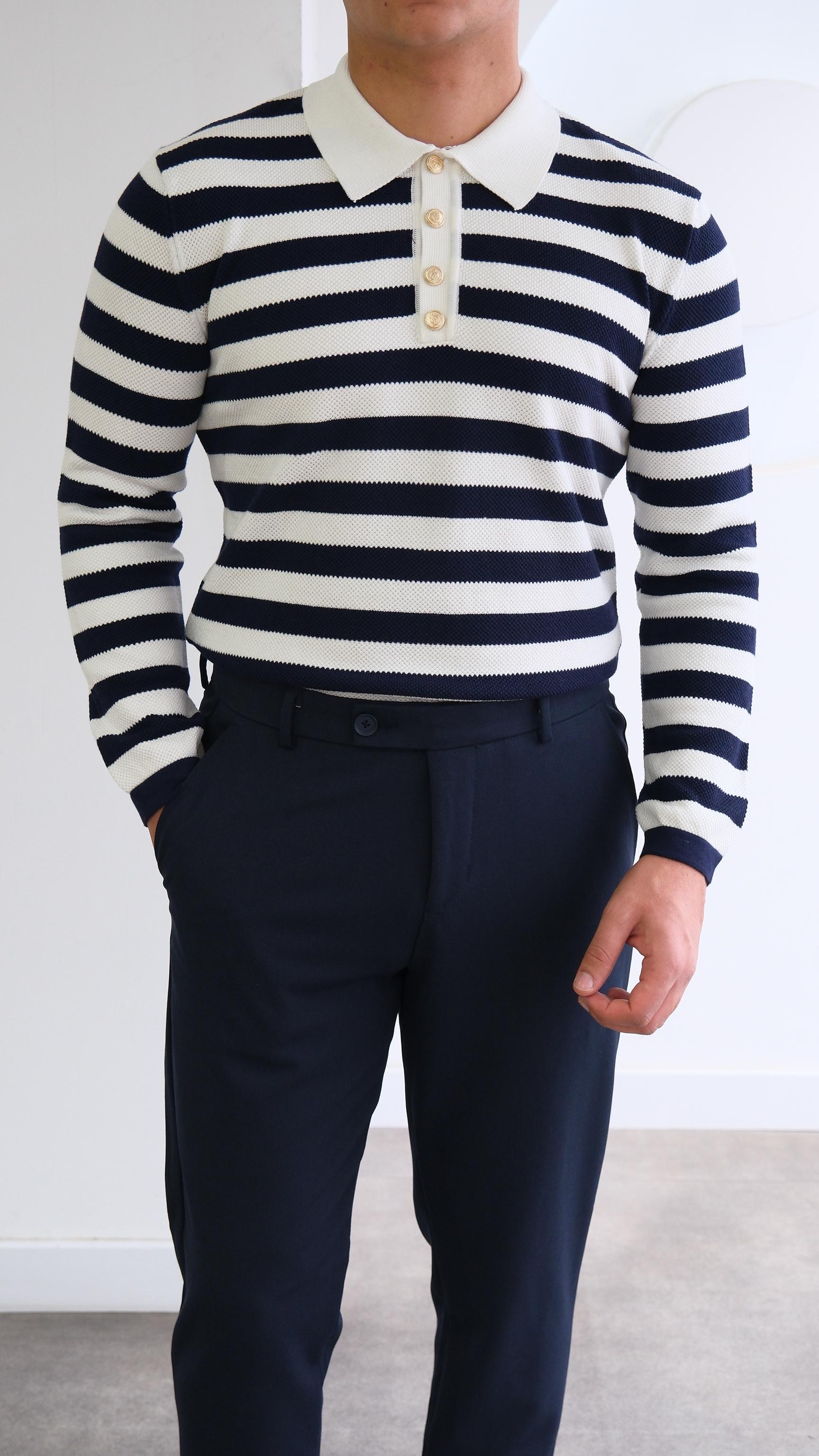 Polo Yaka Lacivert/ Beyaz Premium Kazak
