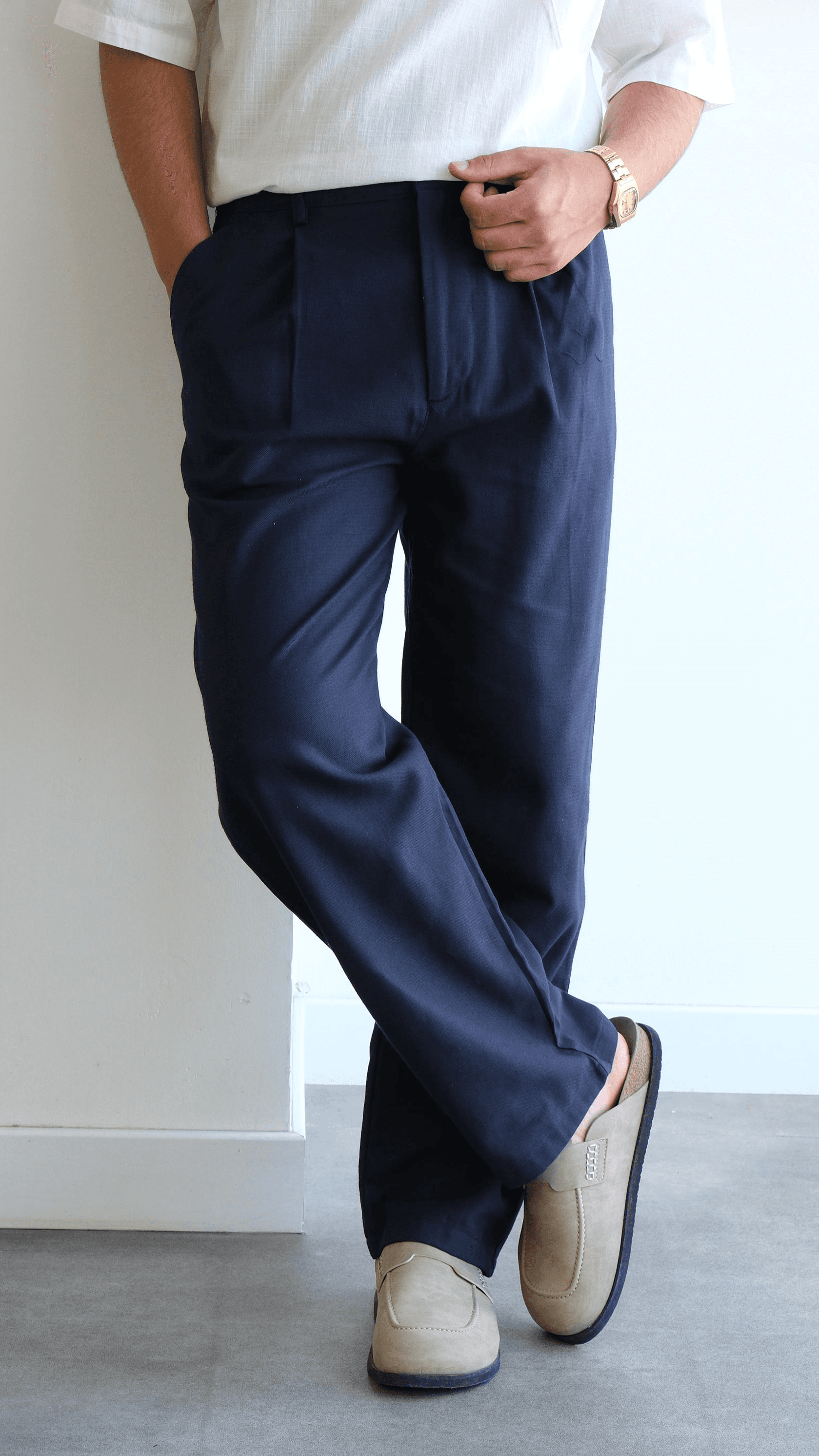 Lacivert Baggy Keten Pantolon