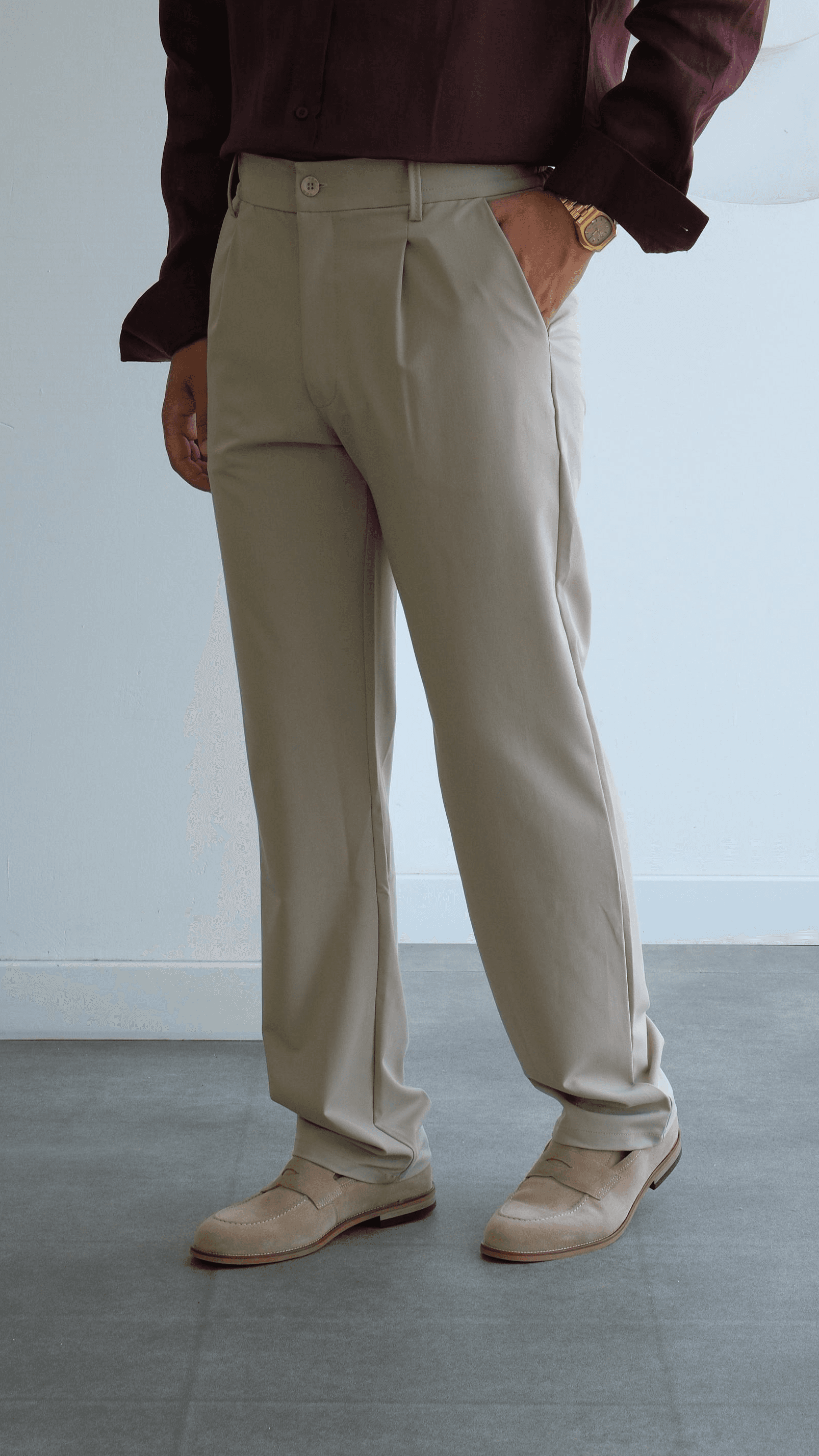 Bej Pileli Baggy Kumaş Pantolon