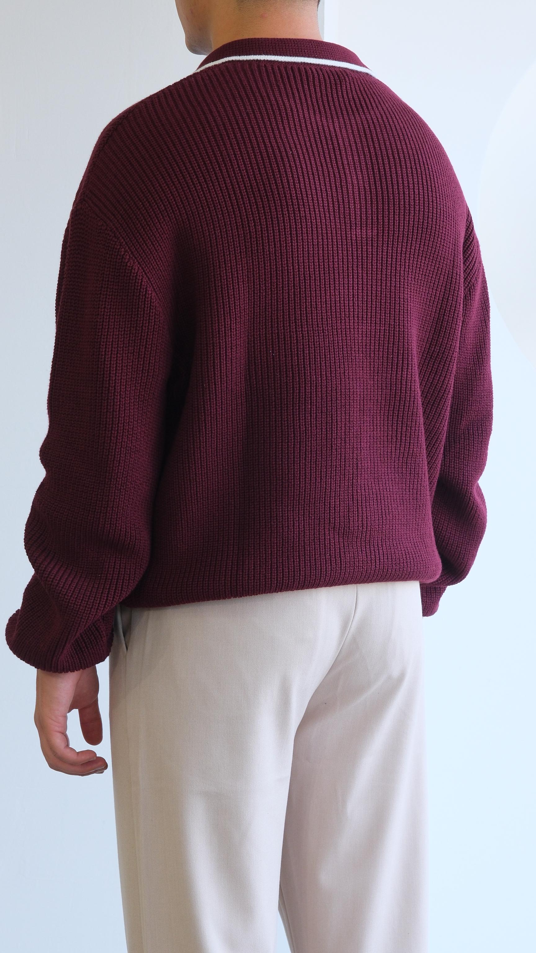 Bordo Örme Polo Yaka Şeritli Kazak