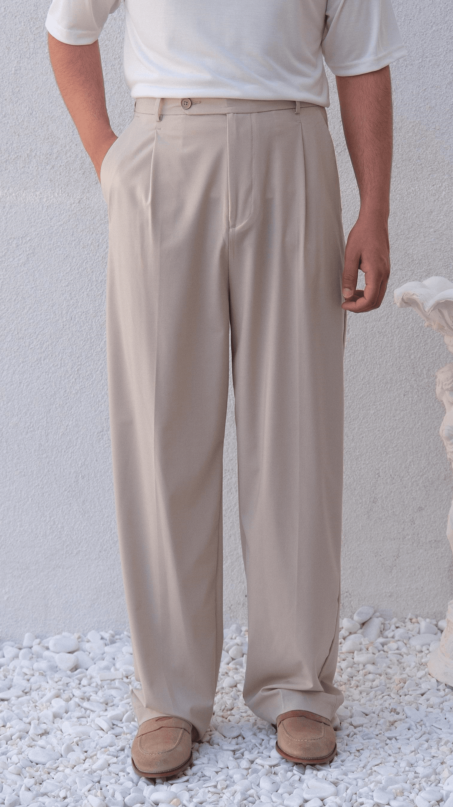 Ekru Baggy Çift Pileli Kumaş Pantolon