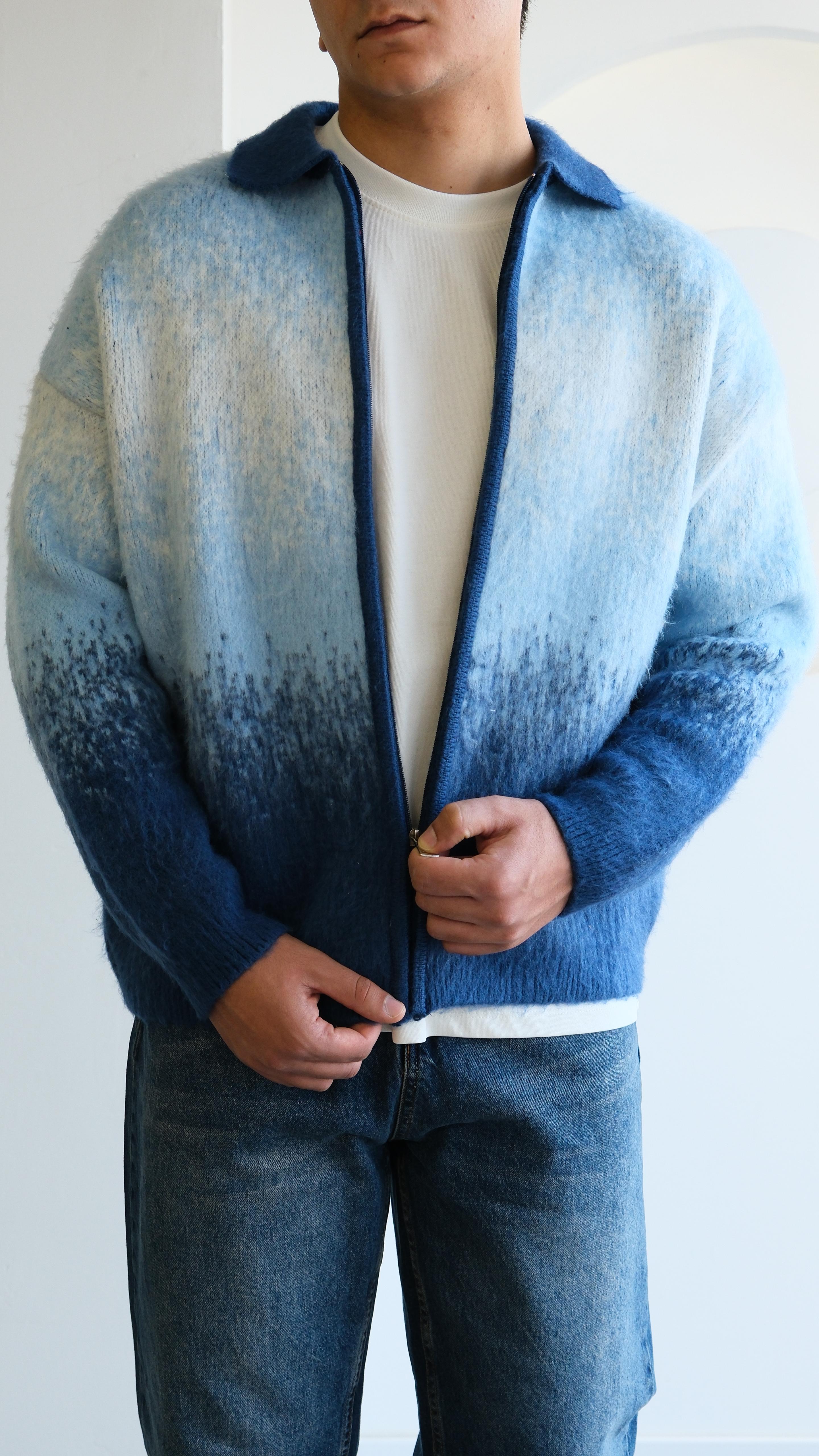 Yün Görünümlü Mavi Kontrast Kalın Hırka