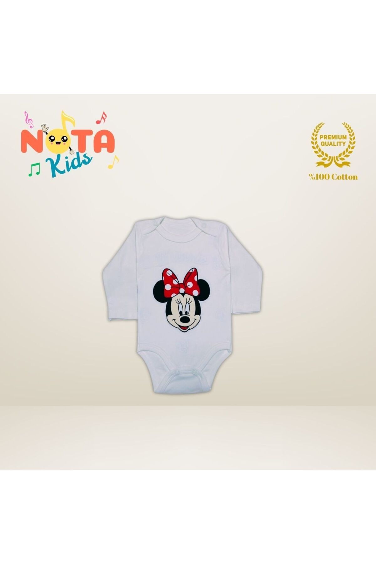 Minnie Mouse Baskılı %100 Pamuk Organik Beyaz Çıtçıtlı Body Zıbın