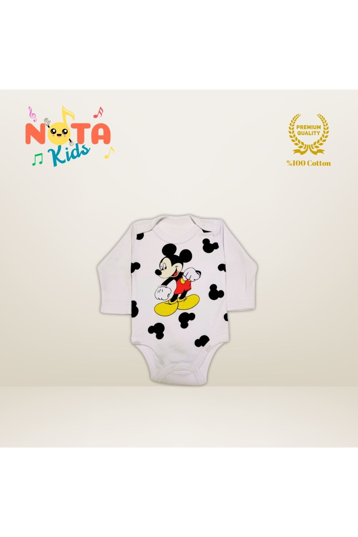 Mickey Mouse Baskılı %100 Pamuk Organik Beyaz Çıtçıtlı Body Zıbın
