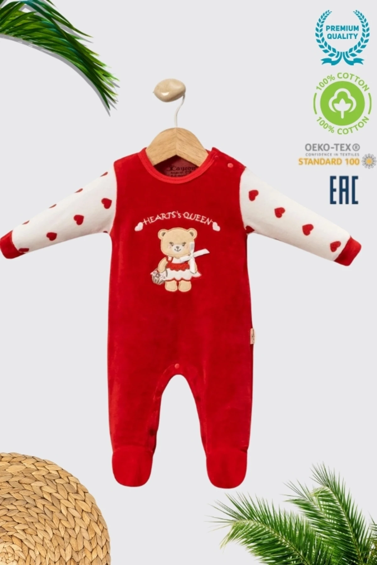 KIZ BEBEK KADİFE AYICIK NAKIŞLI UZUN KOLLU TULUM – KALP DESENLİ