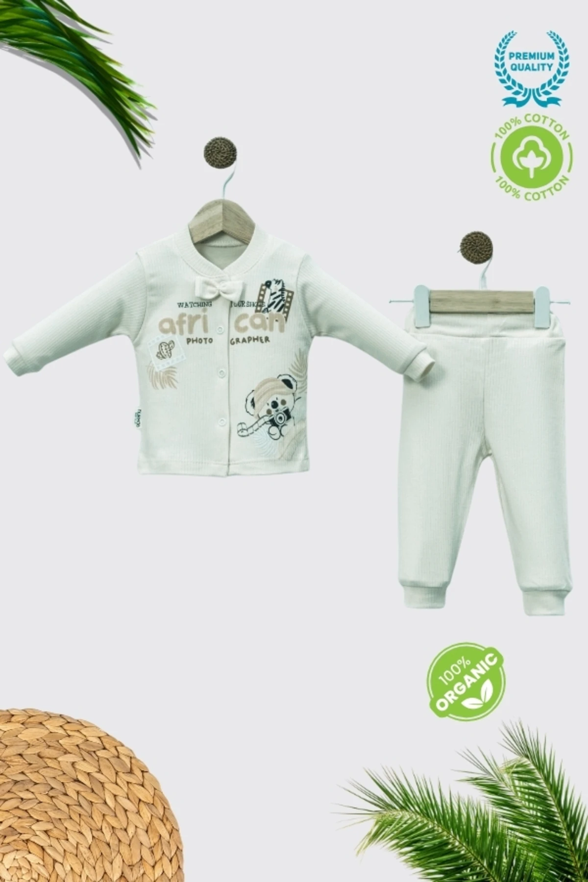 %100 Pamuklu Safari Figürlü Bebek Alt Üst Takım