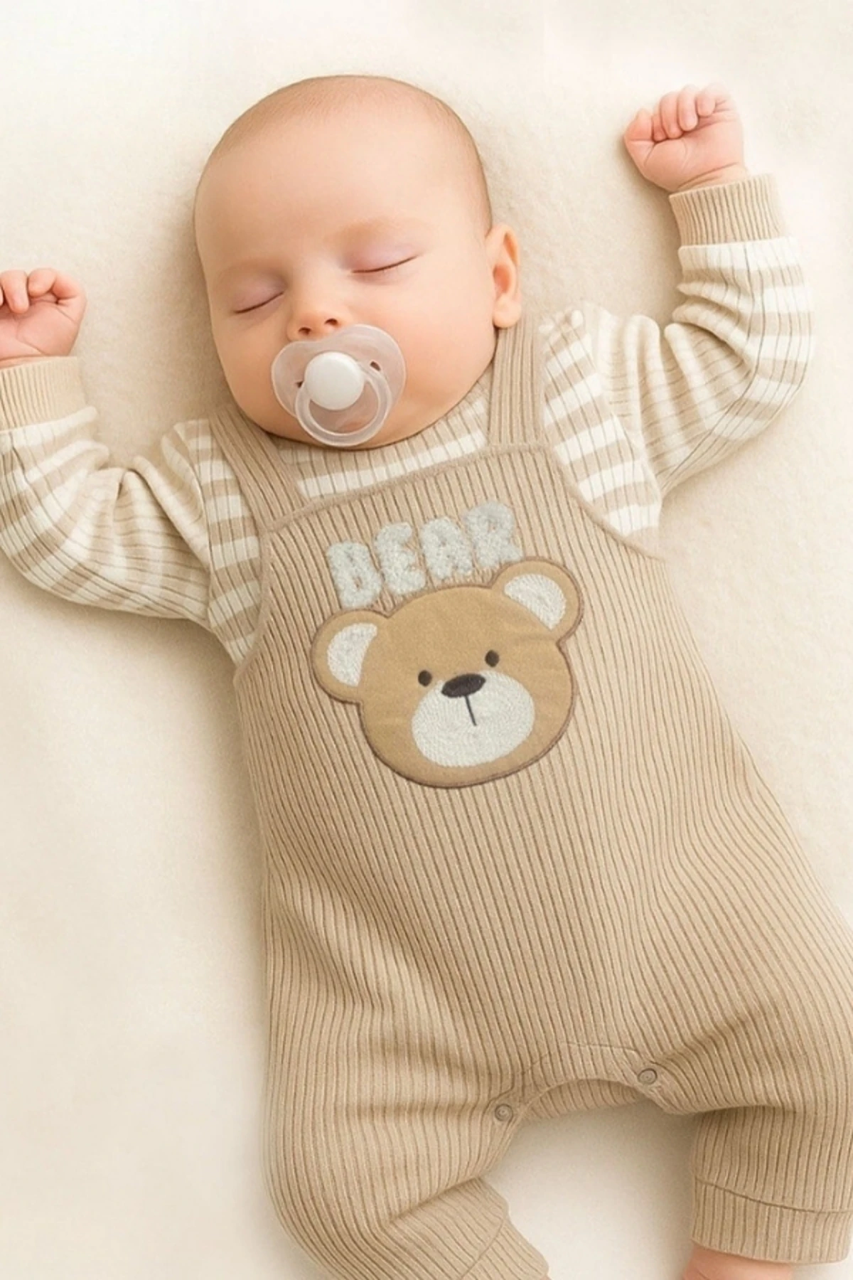 ERKEK BEBEK %100 PAMUKLU 3-18 AY BEJ RENGİ BEBEK TULUMU