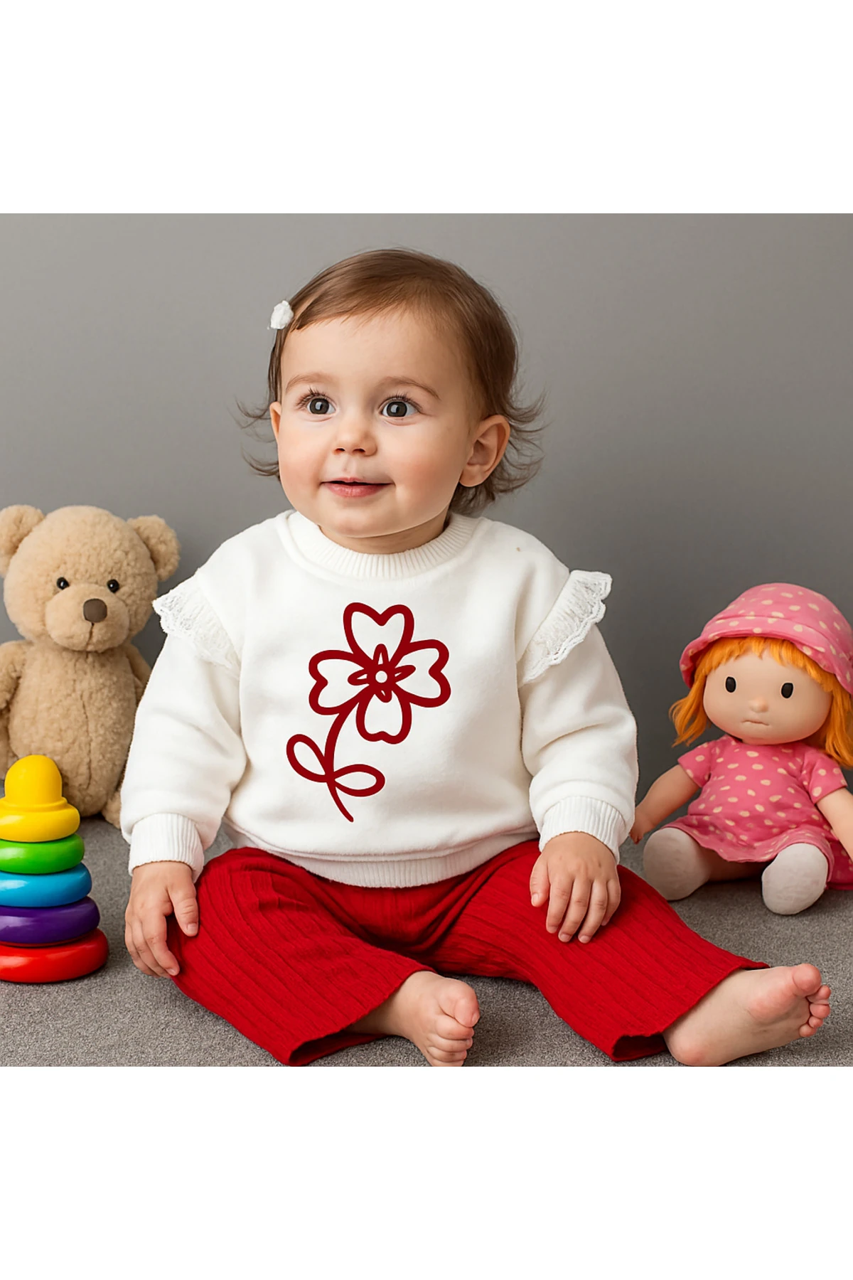 KIZ BEBEK %100 PAMUKLU 3-18 AY KIRMIZI ÇİÇEK BASKILI ALT ÜST TAKIM