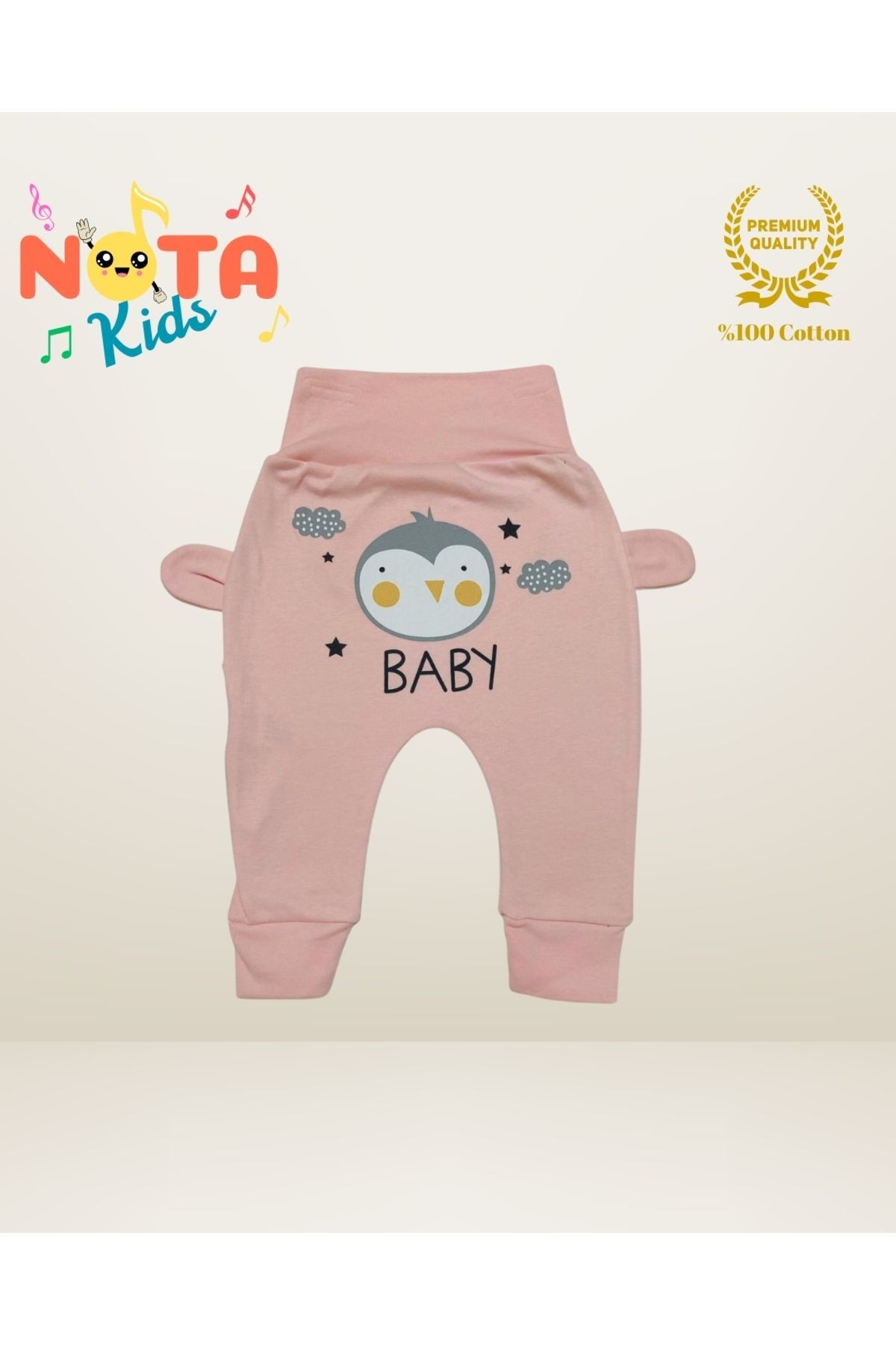 Kız Bebek Kuş Figür Baskılı, Kulaklı, %100 Pamuk Patiksiz Tek Alt Pijama