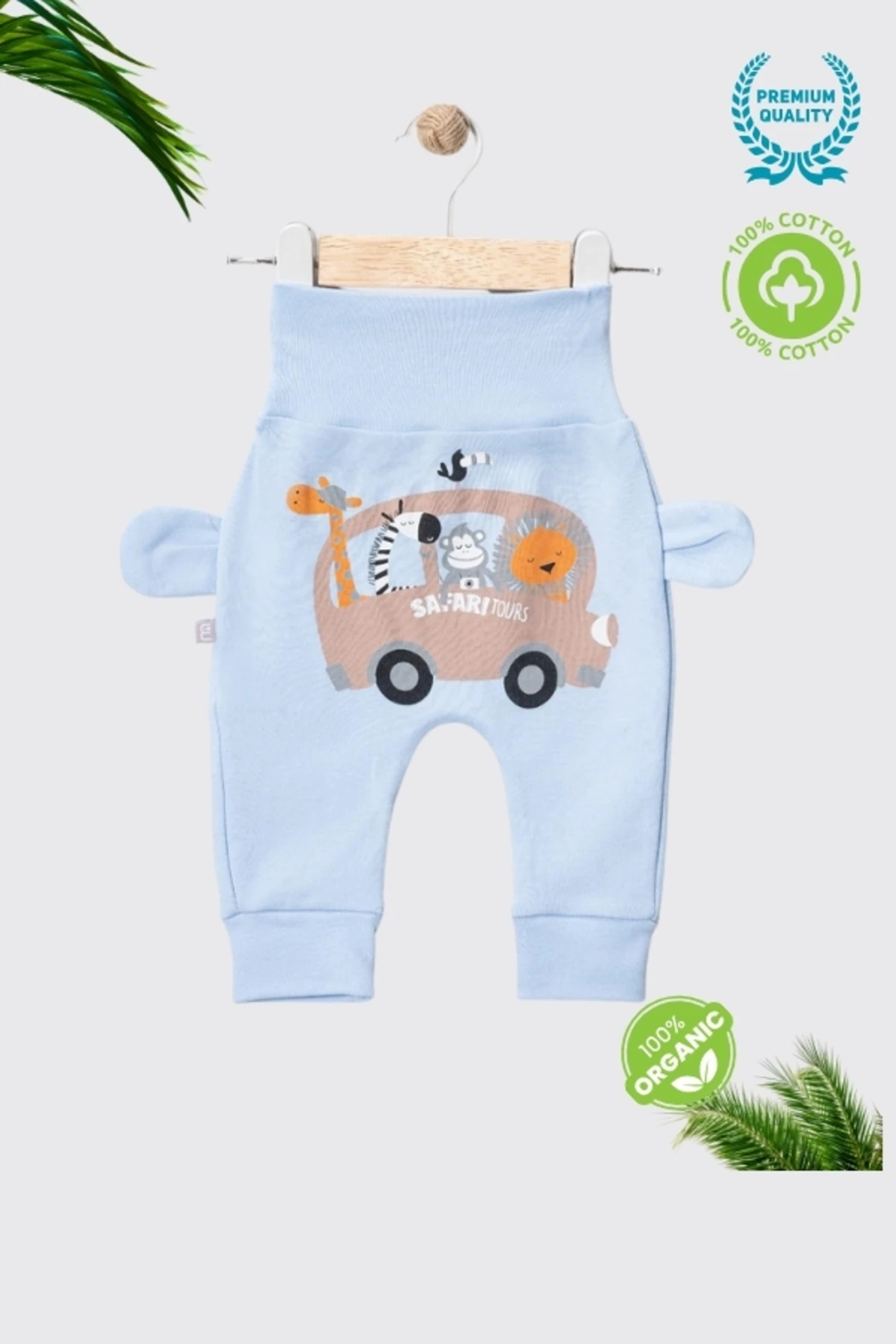 Safari Figür Baskılı, Kulaklı, %100 Pamuk Patiksiz Tek Alt Pijama