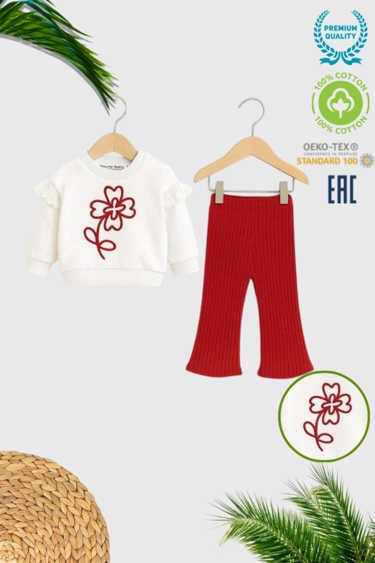 KIZ BEBEK %100 PAMUKLU 3-18 AY KIRMIZI ÇİÇEK BASKILI ALT ÜST TAKIM